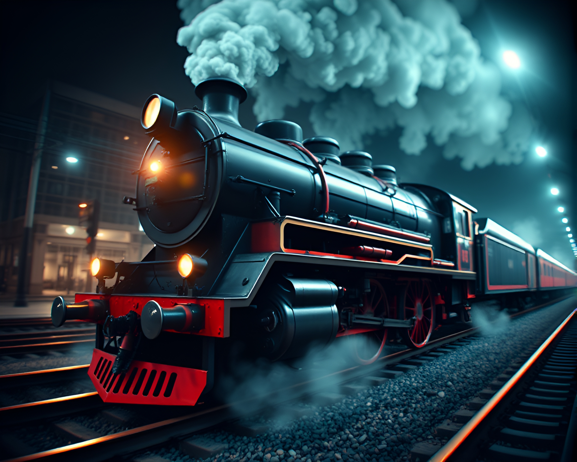 Fisheye Steam Locomotive Perspective in Wireframe Render – free AI stock image
