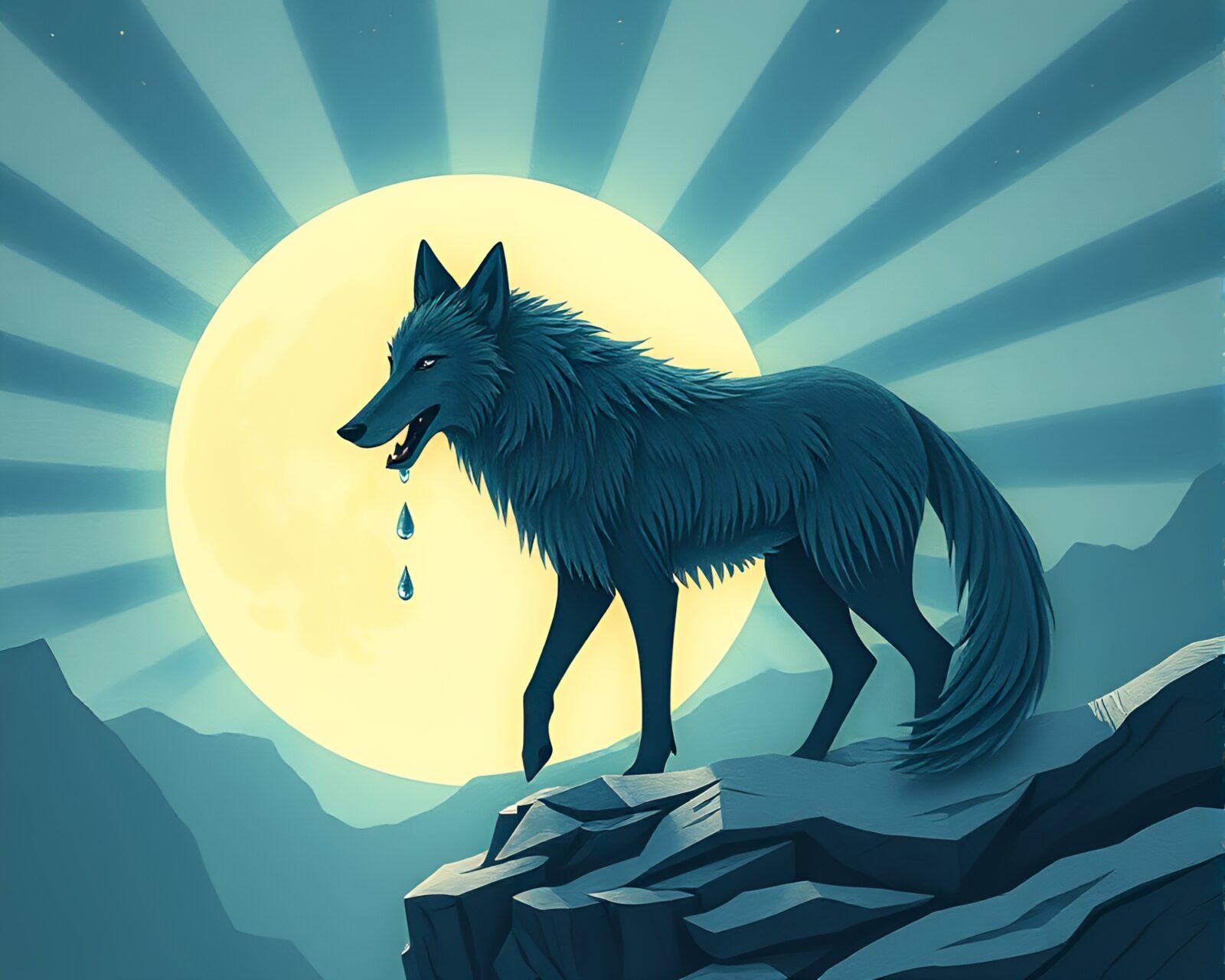 Ethereal editorial illustration of wolf under moon in torn paper