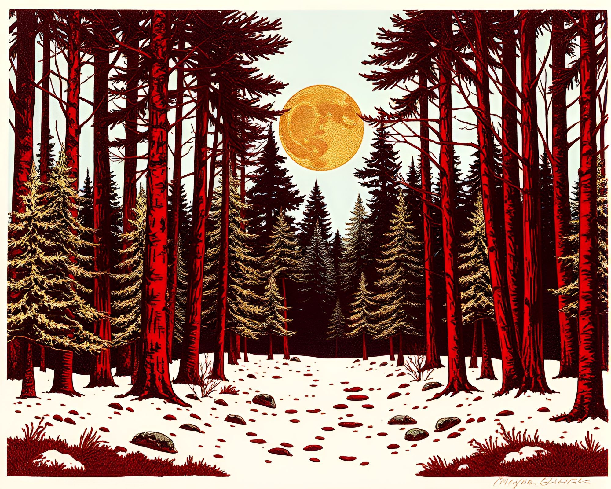 Enchanted Forest in Rustic Red Foil Stamping Print – free AI stock image