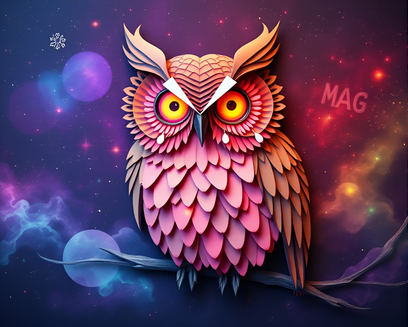 Fantasy illustration of owl surrounded by cosmic rainbow paper tears