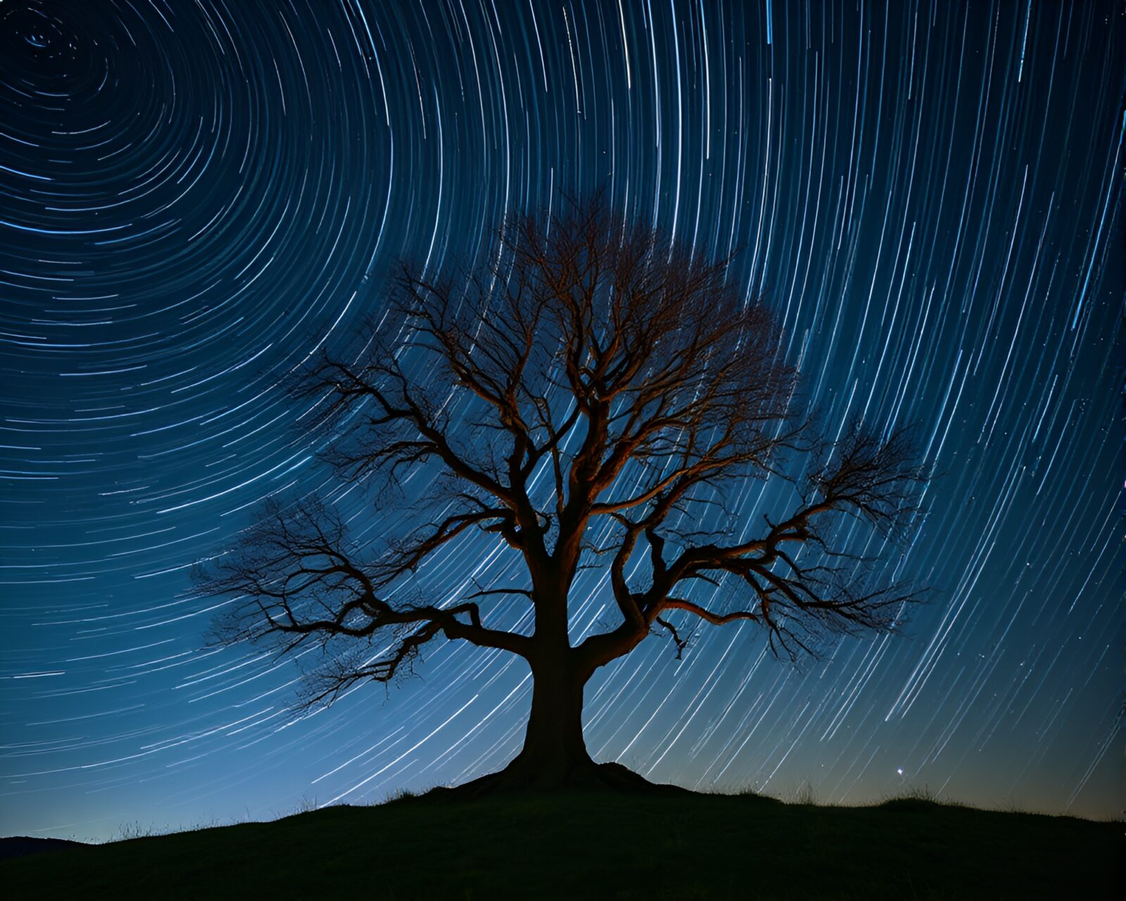Hyper-realistic scene of an ancient tree in starlight