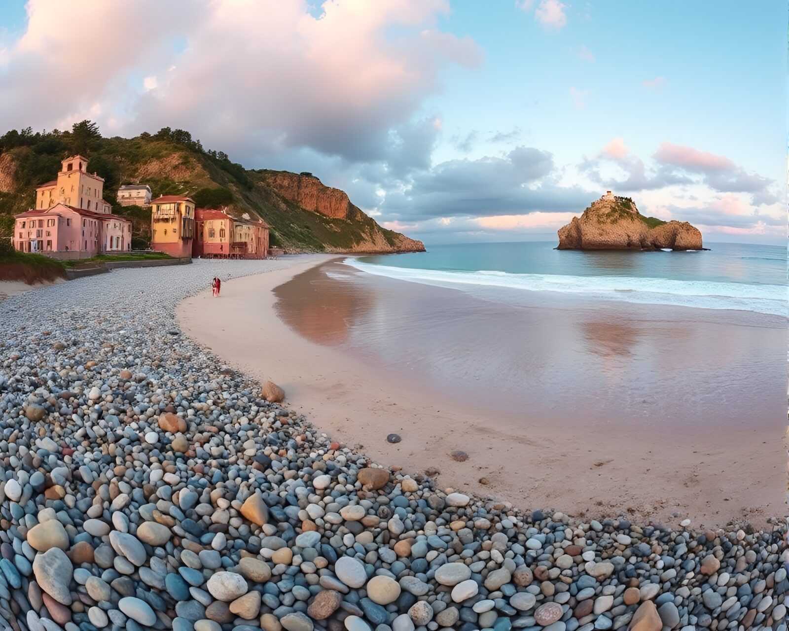 Wide shot of a pebble beach under a pastel sky