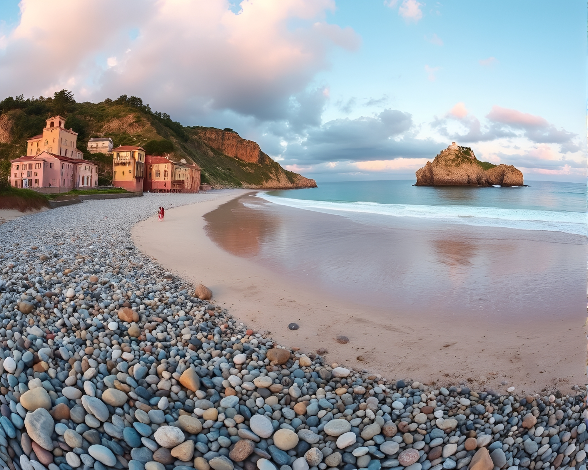 Planetary Pastel Tenebrism: Pebble Beach Wide Shot – free AI stock image