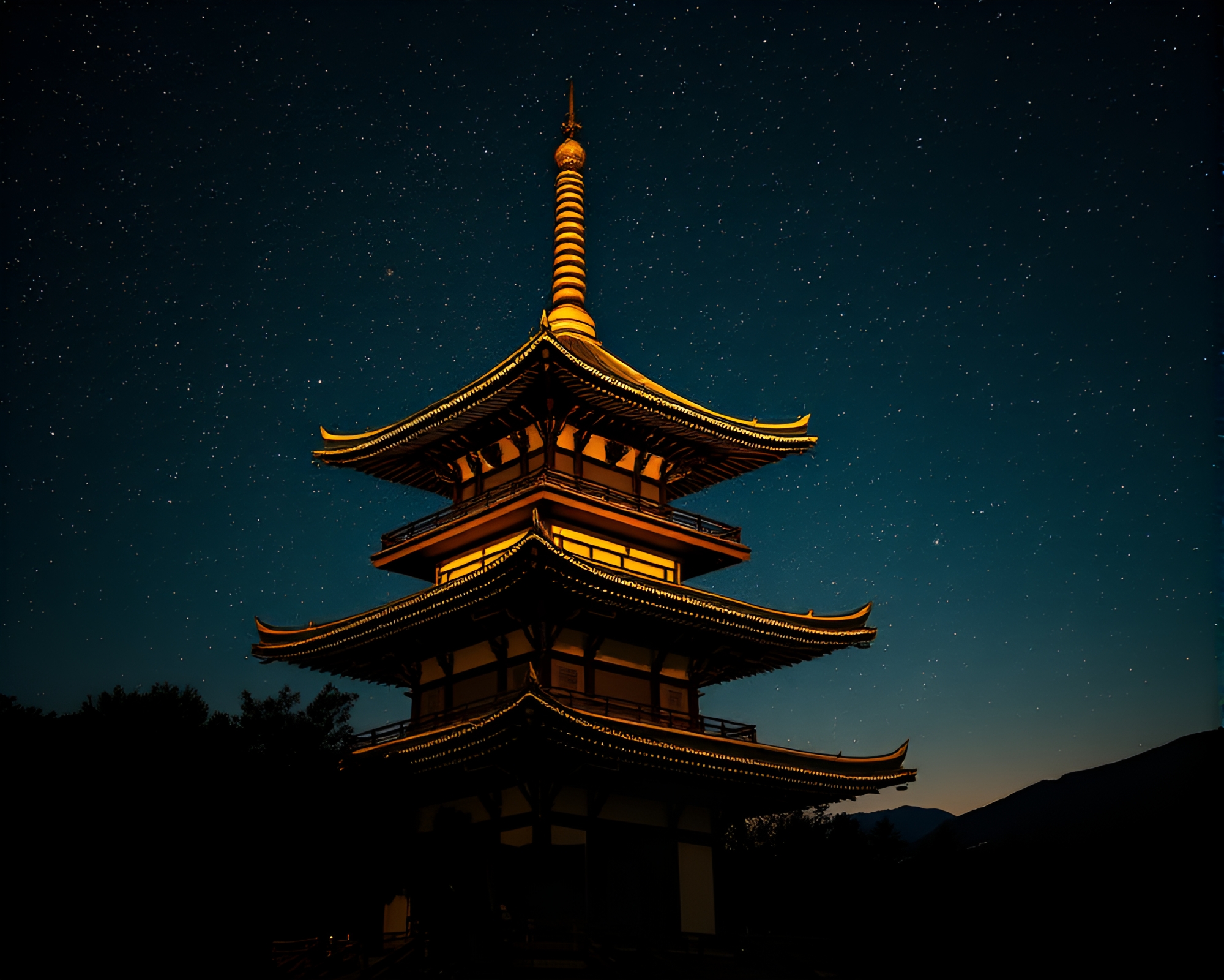 Majestic Pagoda under Starlit Duochrome Sky with Gold Foil Accents – free AI stock image