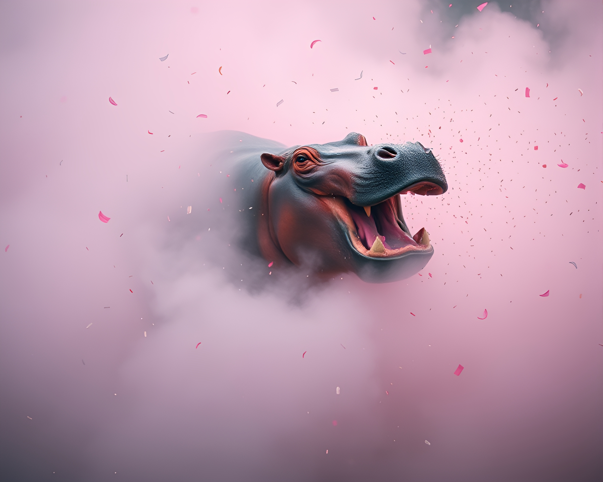 Hippopotamus in Confetti Burst Fog – free AI stock image