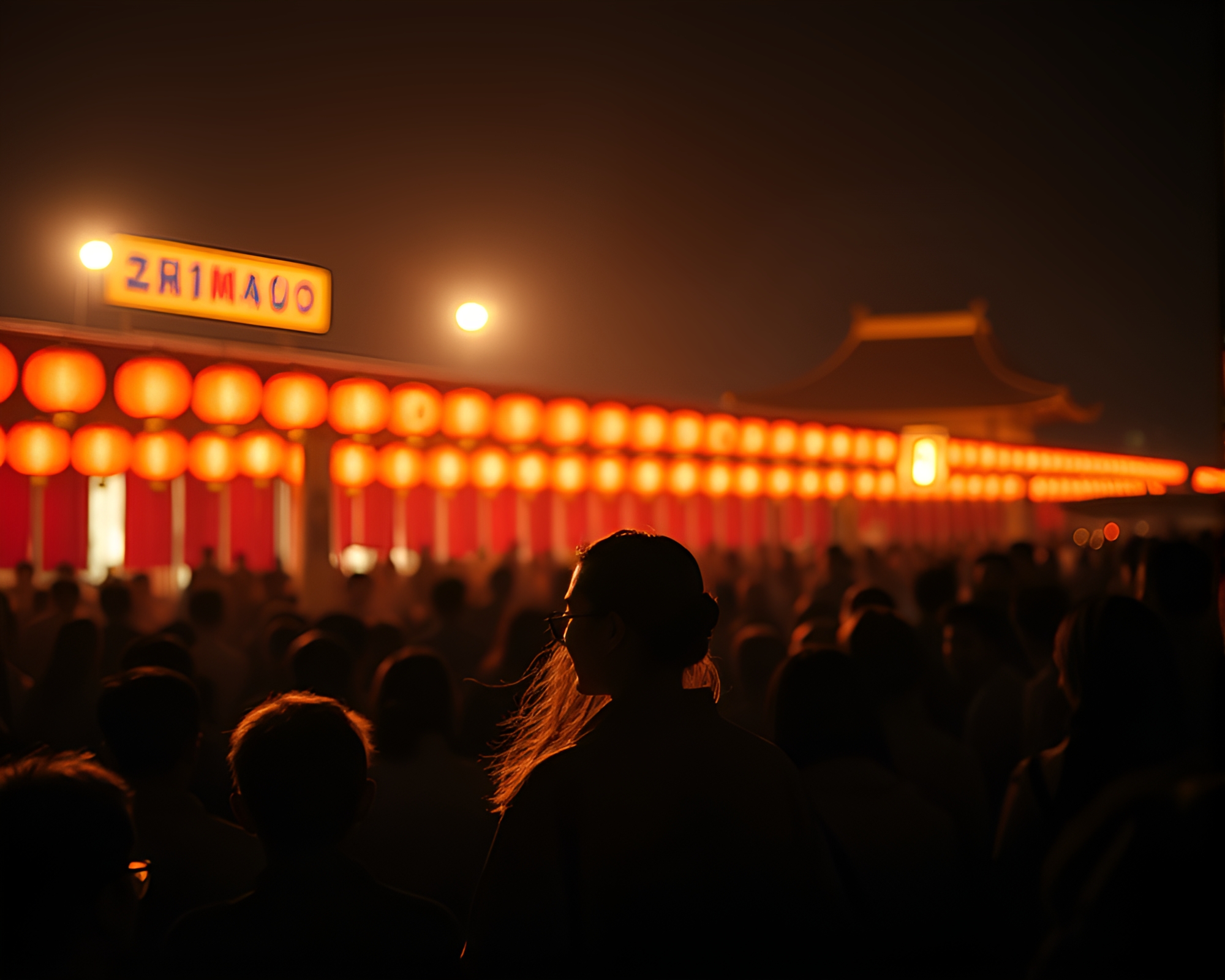 Silhouette Crowd in Lantern-Lit Silk Kimono Festival – free AI stock image