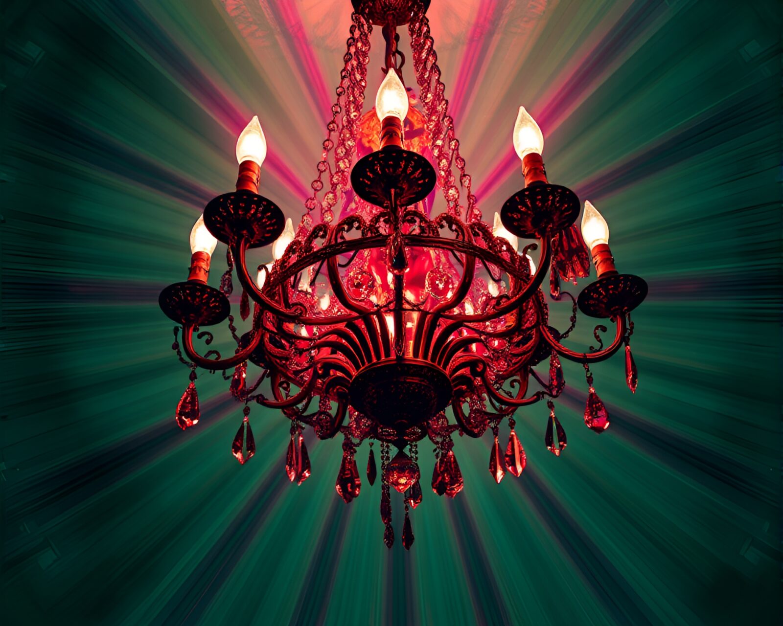 Enigmatic x-ray Victorian chandelier bathed in starburst colors