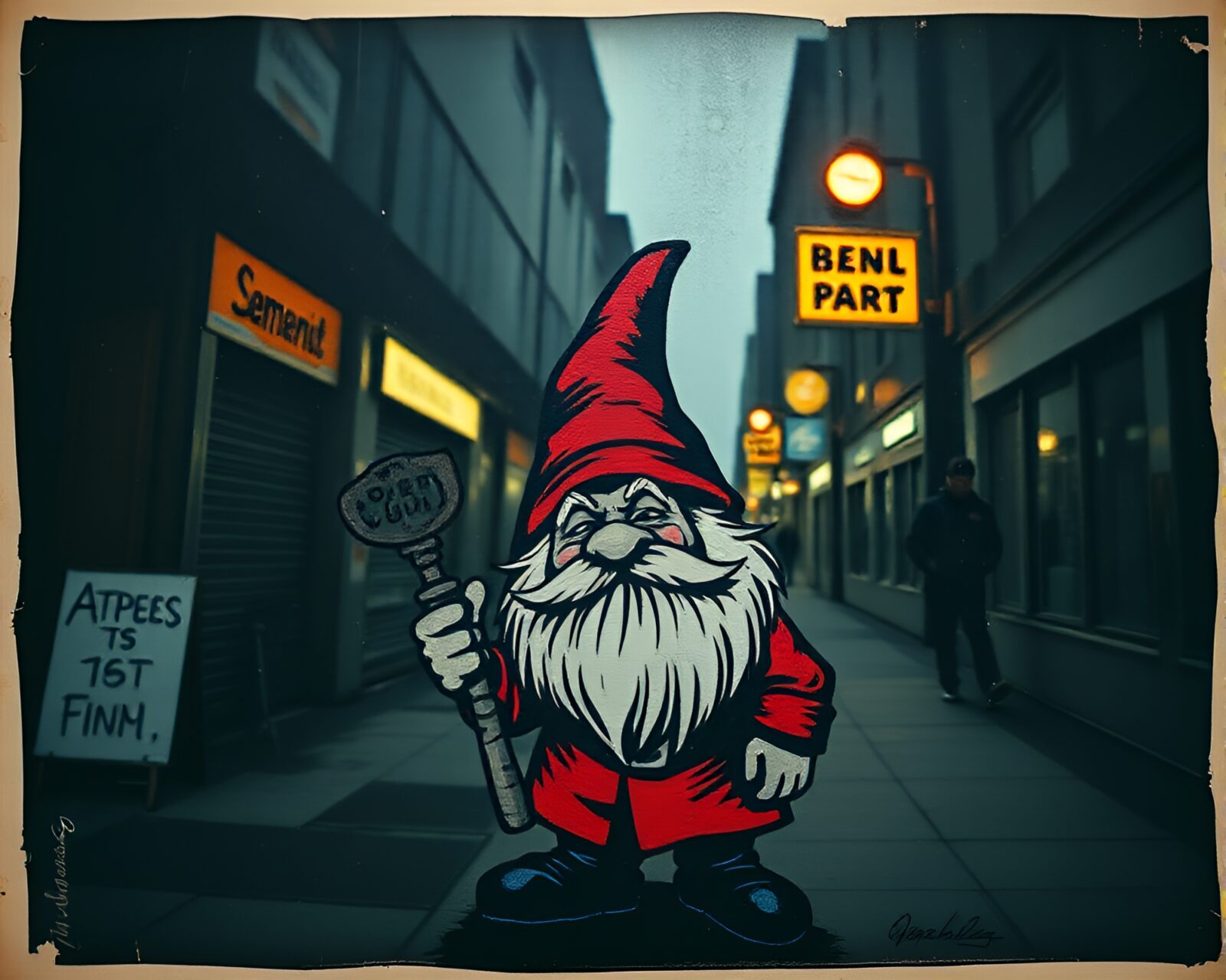 Dark underexposed street art mural of a dwarf figure