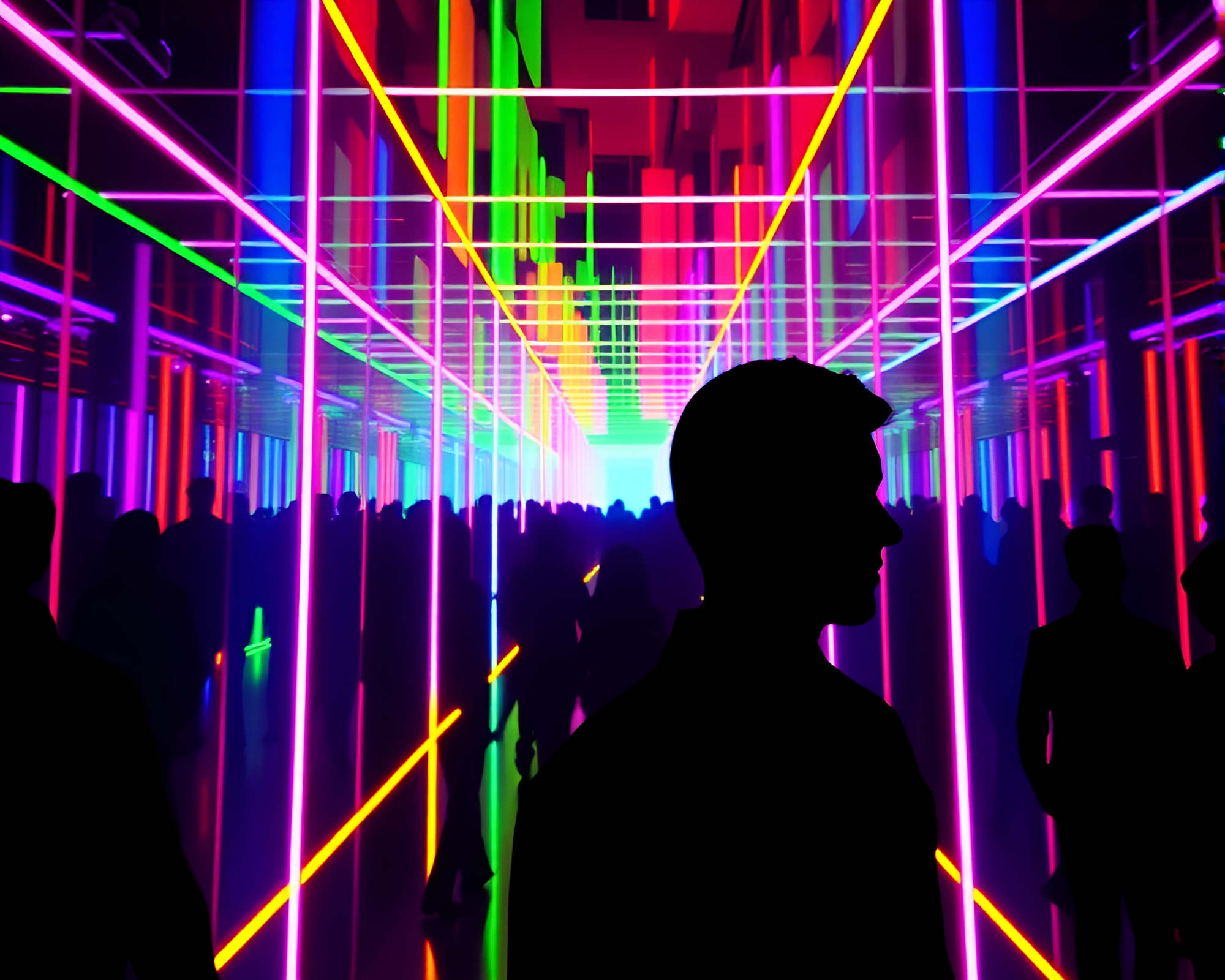Neon Mirror Maze Crowd Silhouette 3D Scan – free AI stock image
