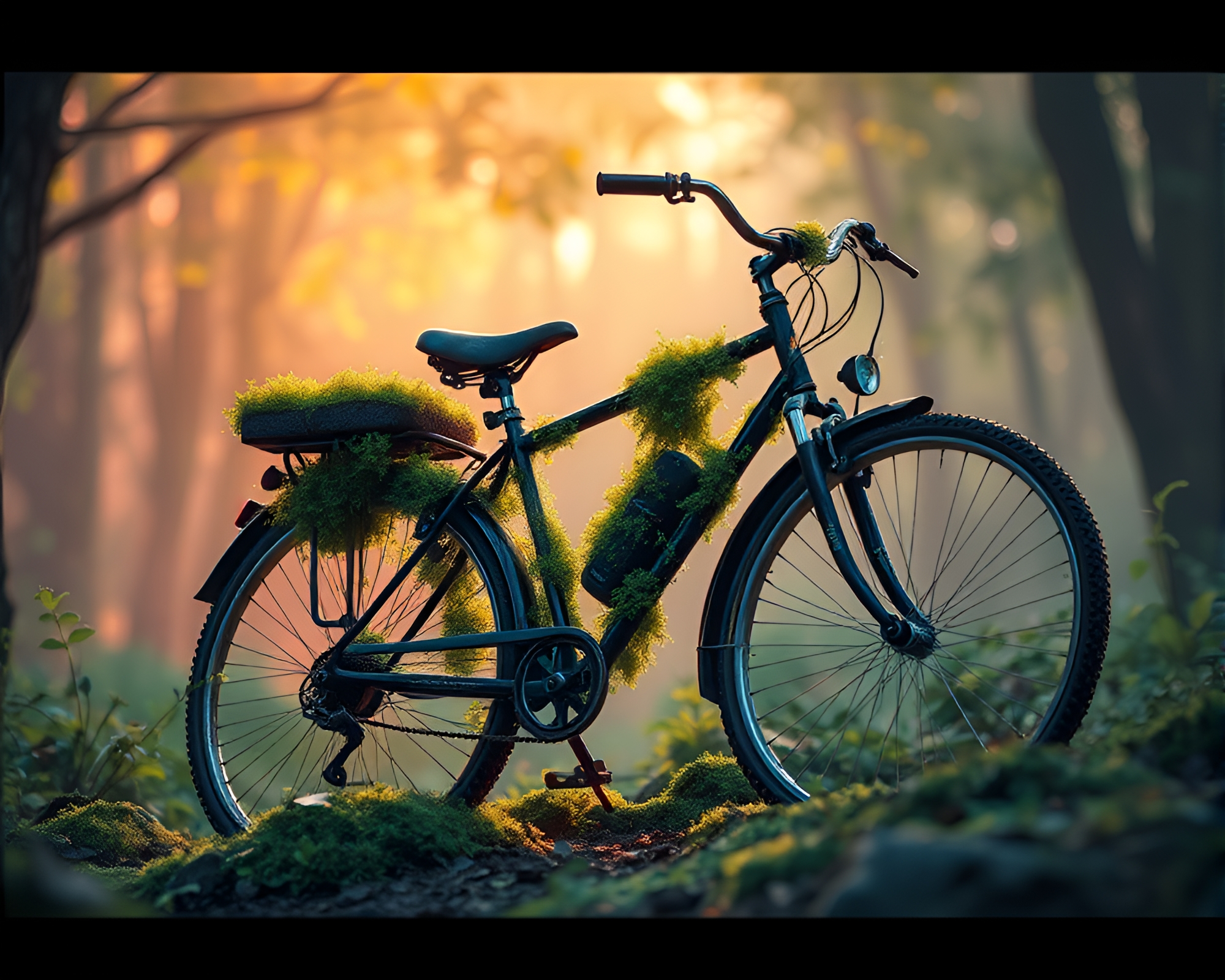 Enchanting Anime Scene: Mossy Bicycle in Cool Dawn Light – free AI stock image