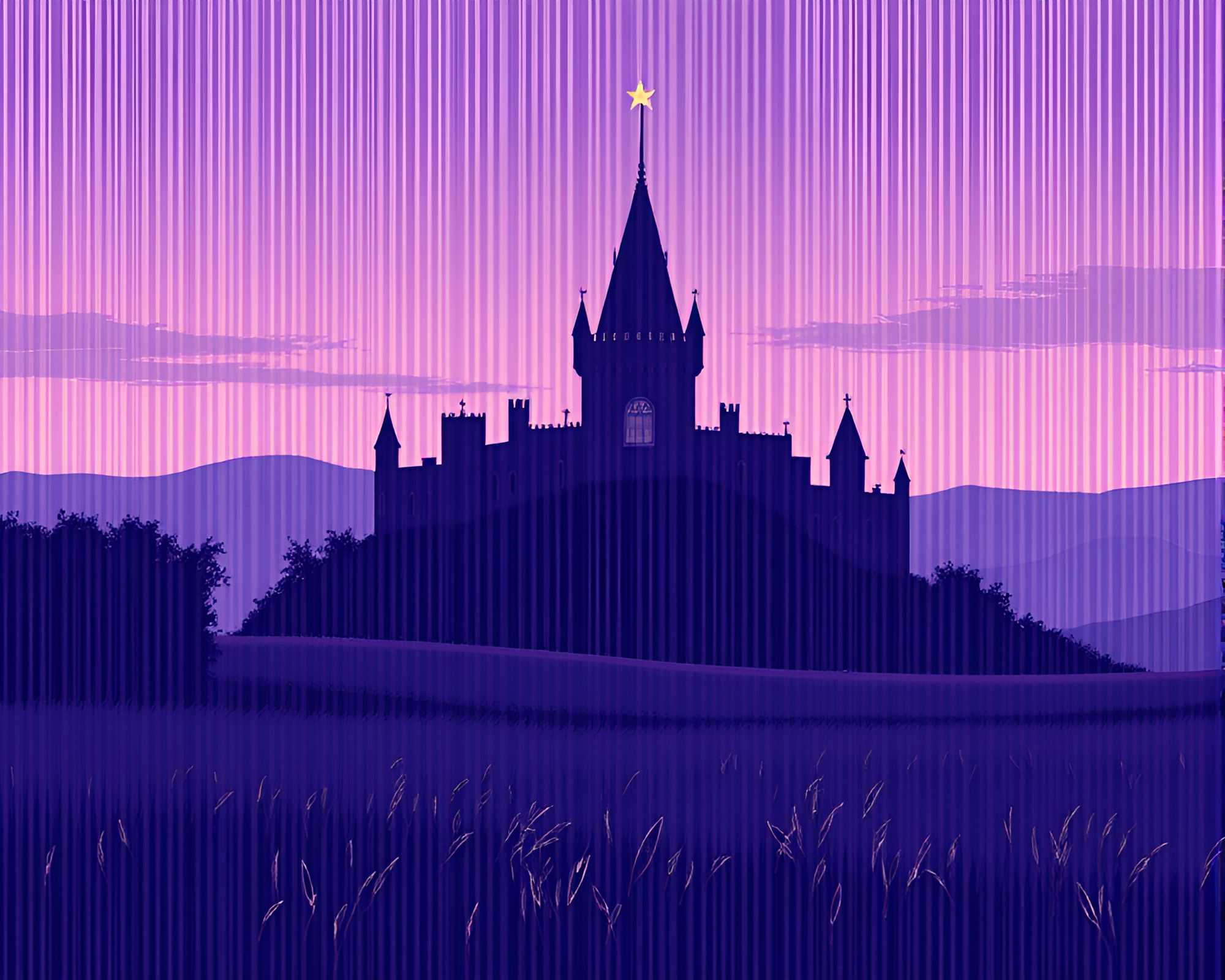 Twilight Castle Embraced by Barcode Stripe Color Field – free AI stock image