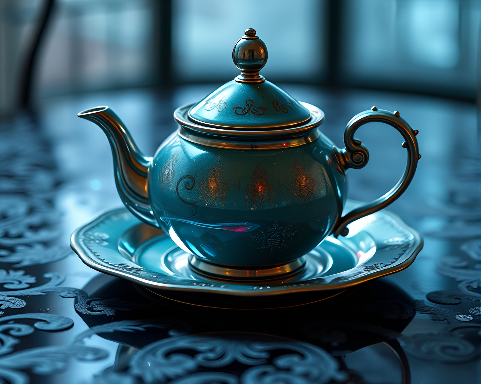 Teal Wonderland: Holographic Tea Set Serenity – free AI stock image