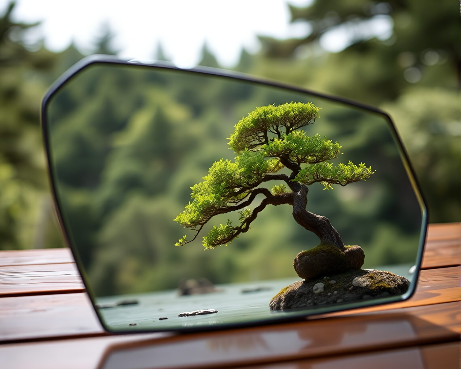 Tranquil forest-green scene with bonsai tree reflecting in mirror shard
