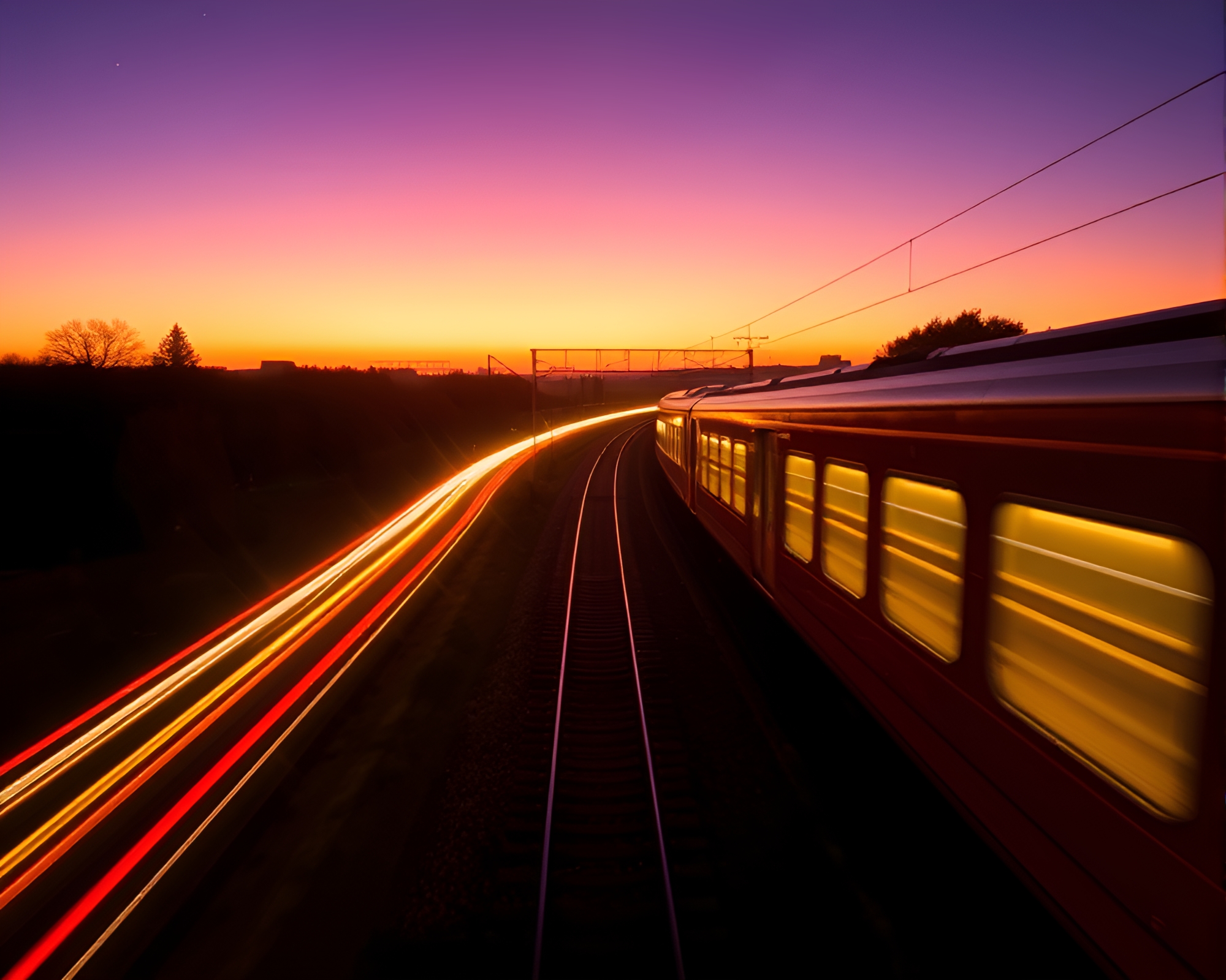 Golden Hour Train Light Trails Digital Art – free AI stock image