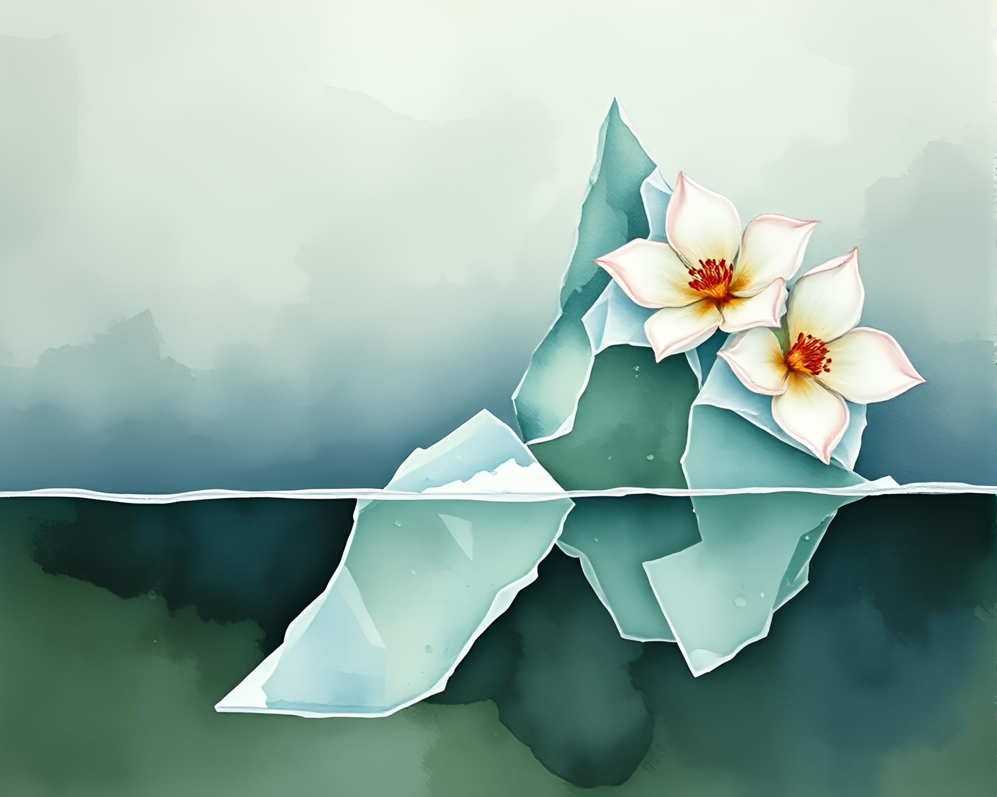 Iceberg Shrouded in Olive Drab Watercolor Blooms – free AI stock image