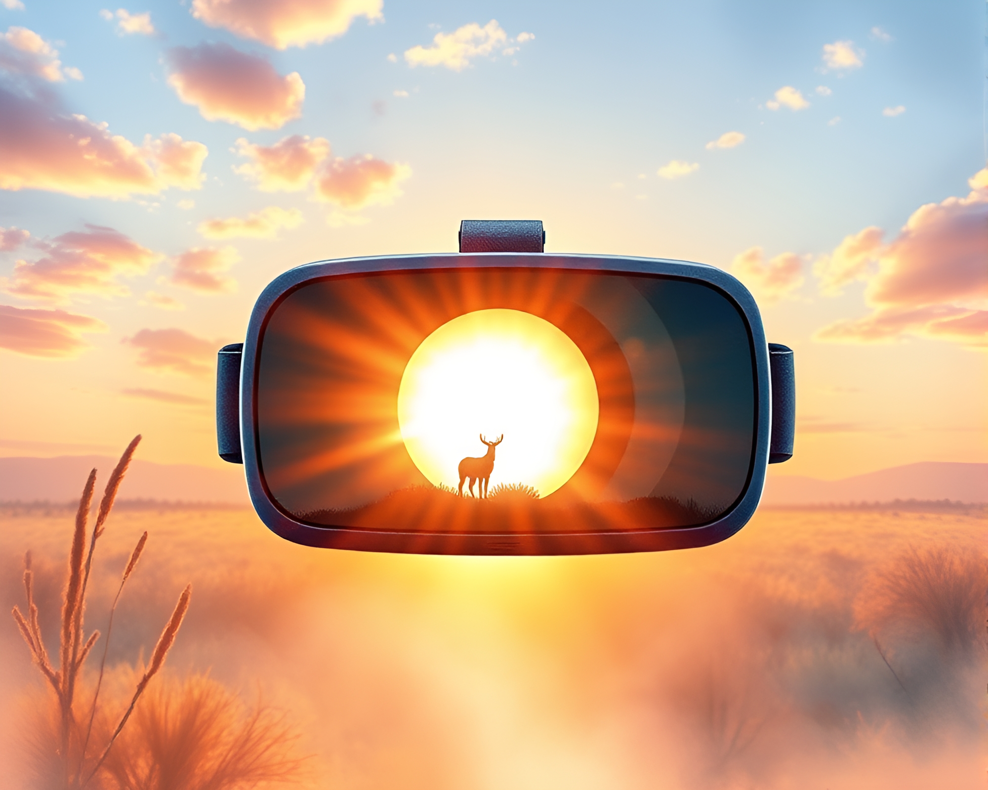 Virtual Reality Oasis at Sunrise: Lens Sunburst in Watercolor – free AI stock image