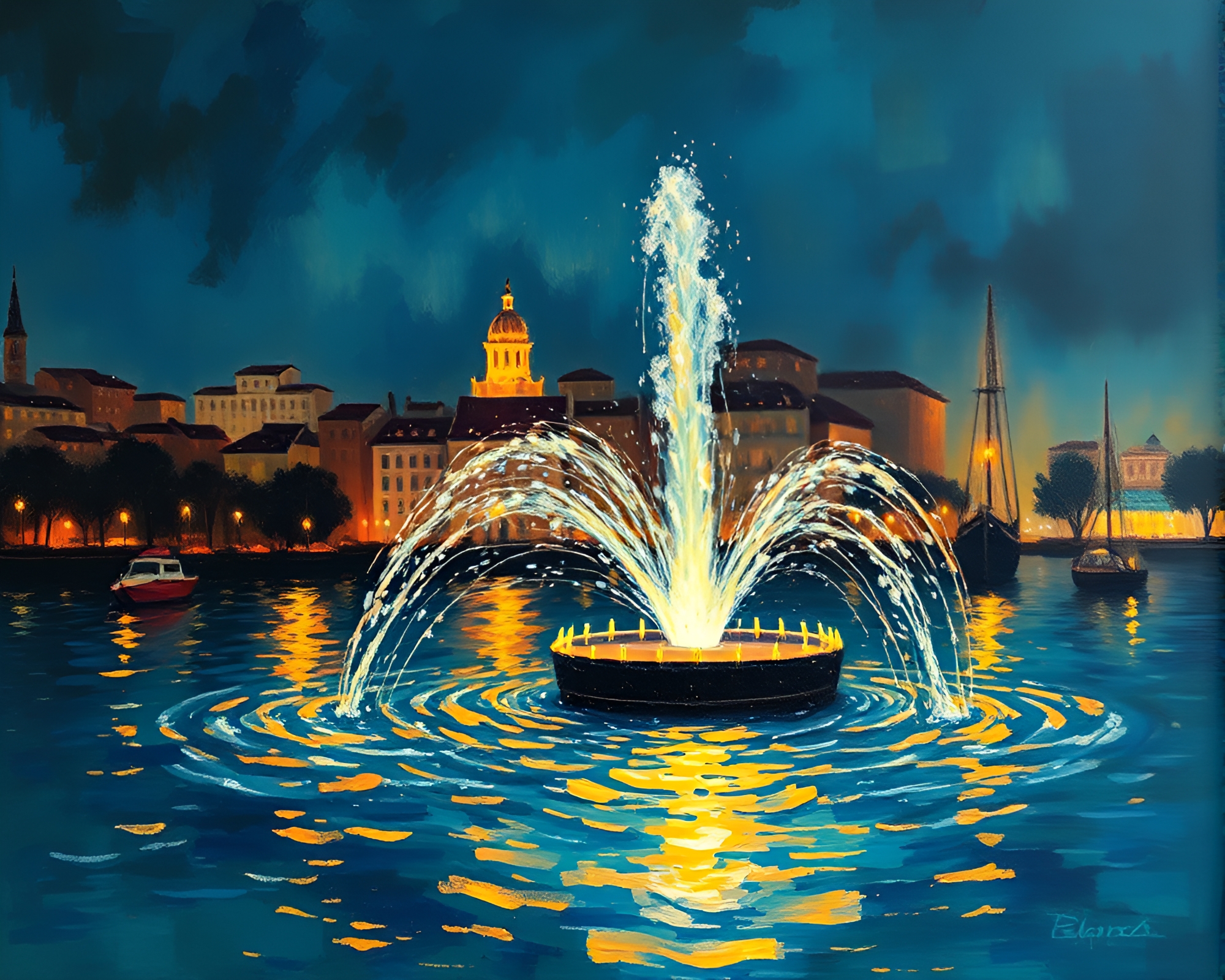 Impressionist Night City Lamp Water Whirlpool Painting – free AI stock image