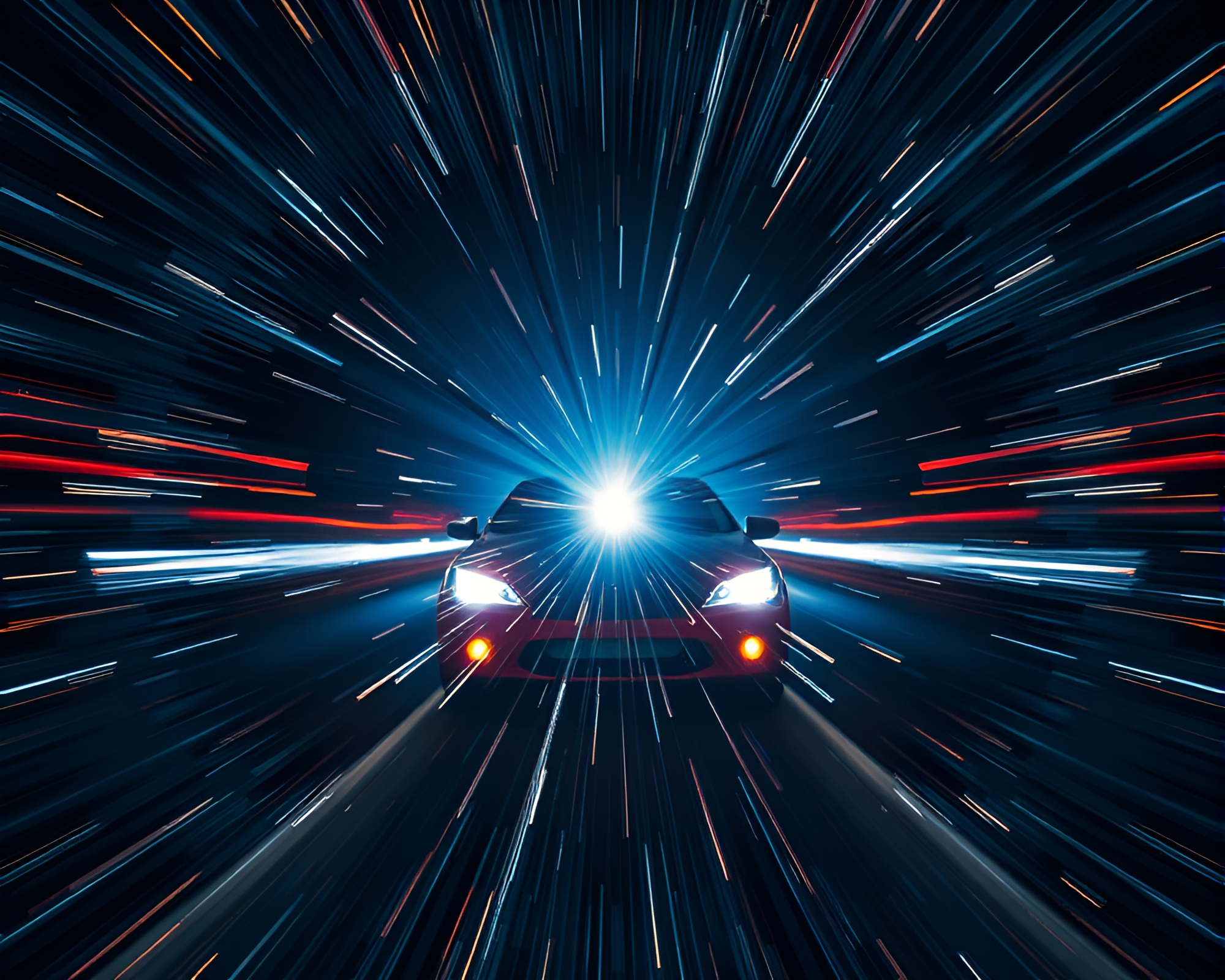 Futuristic Hover Car with Radial Symmetry Light Trails – free AI stock image