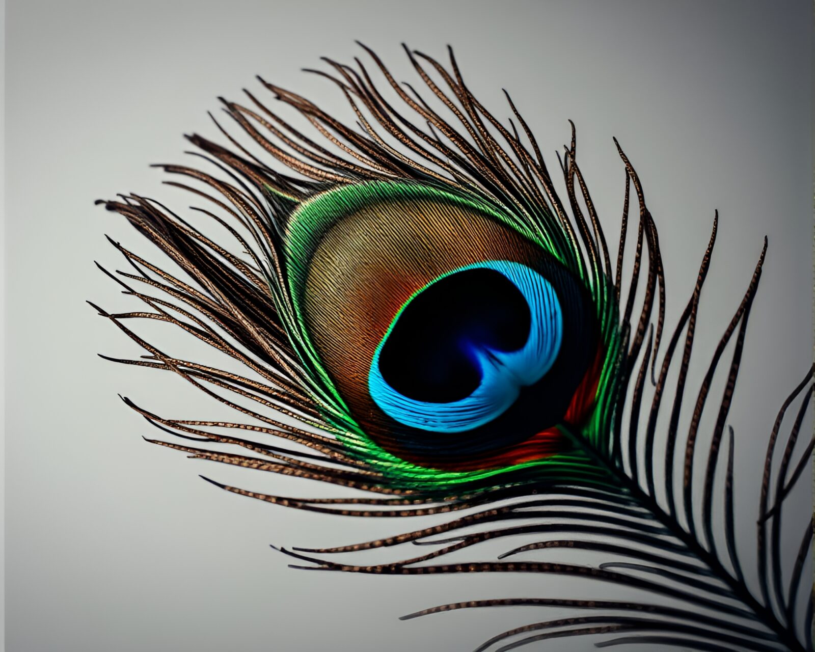 Studio shot of a vibrant peacock feather with ambient light