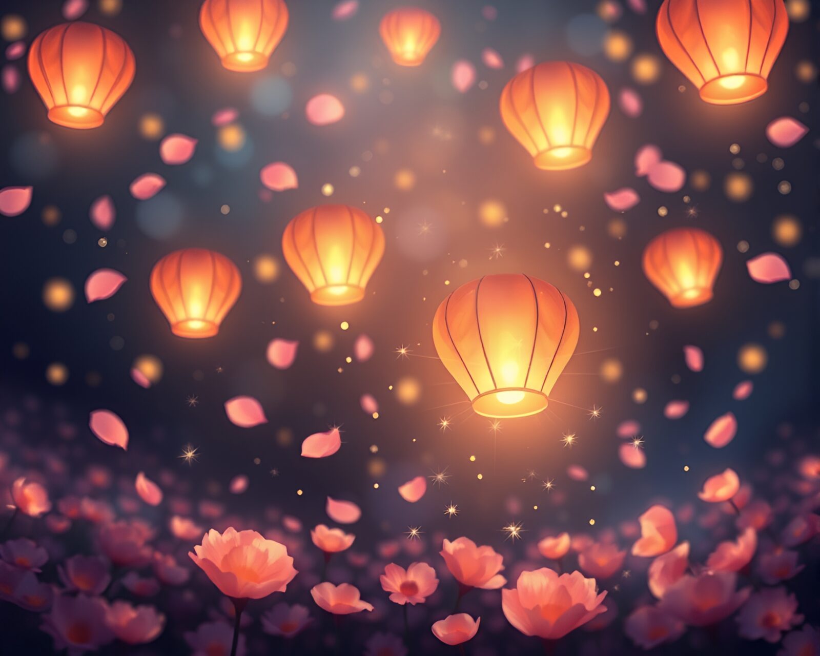 Illustration of lanterns floating among colorful flower petals in garden