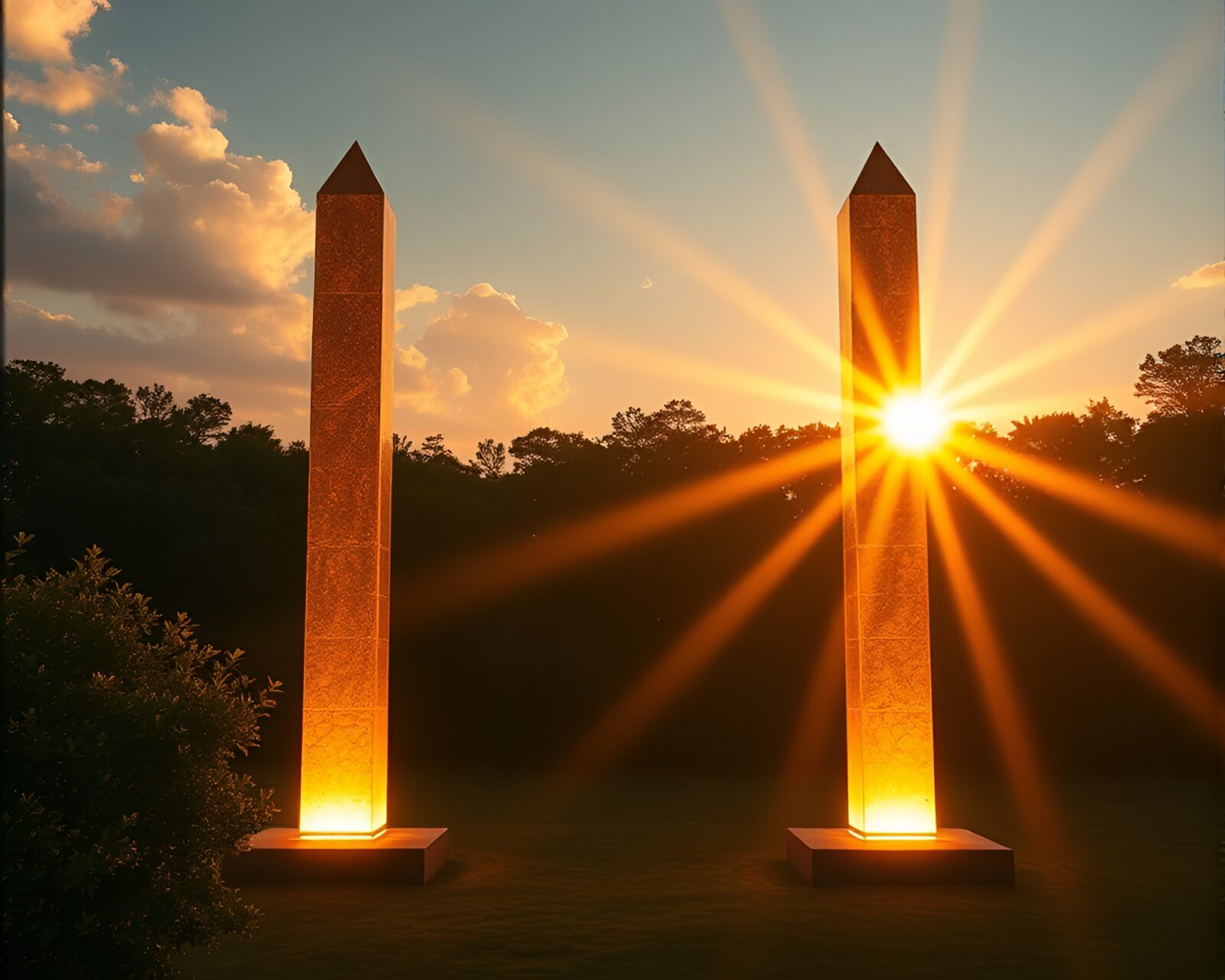 Sunlight streaming through foliage onto ancient obelisk at dusk