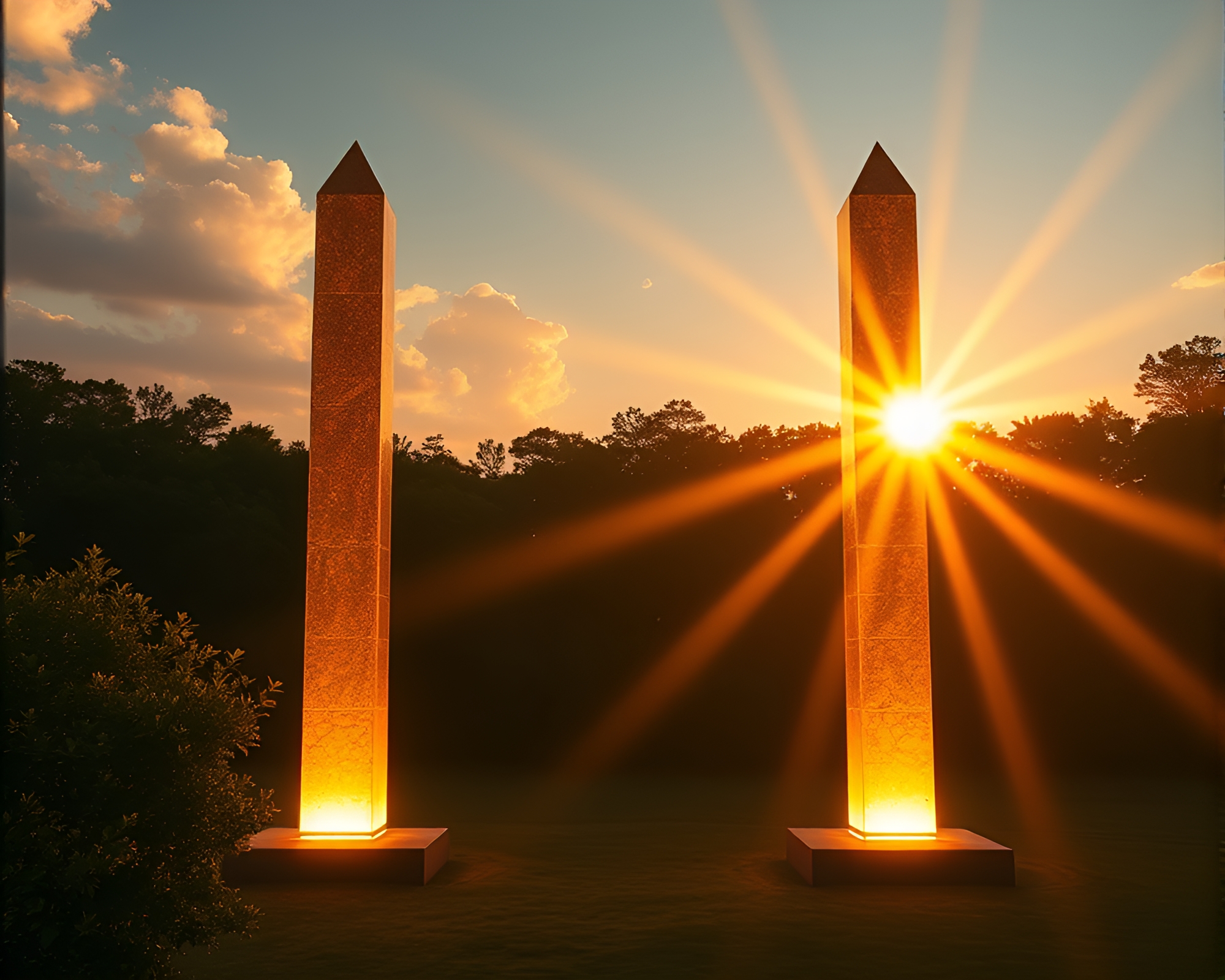 Digital Bloom: Golden Hour Obelisk Framed by Nature – free AI stock image