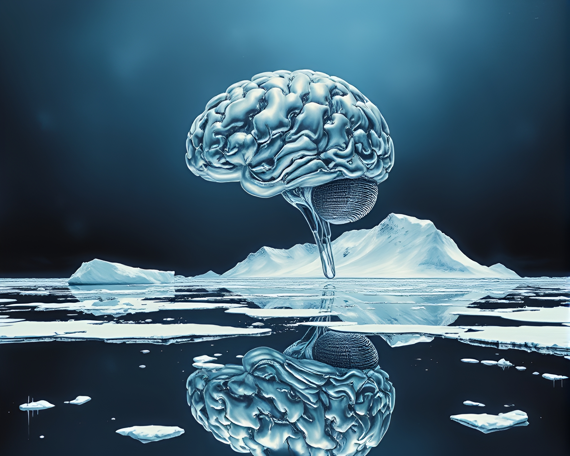 AI Brain in Chrome Reflection, Antarctic Action Painting – free AI stock image