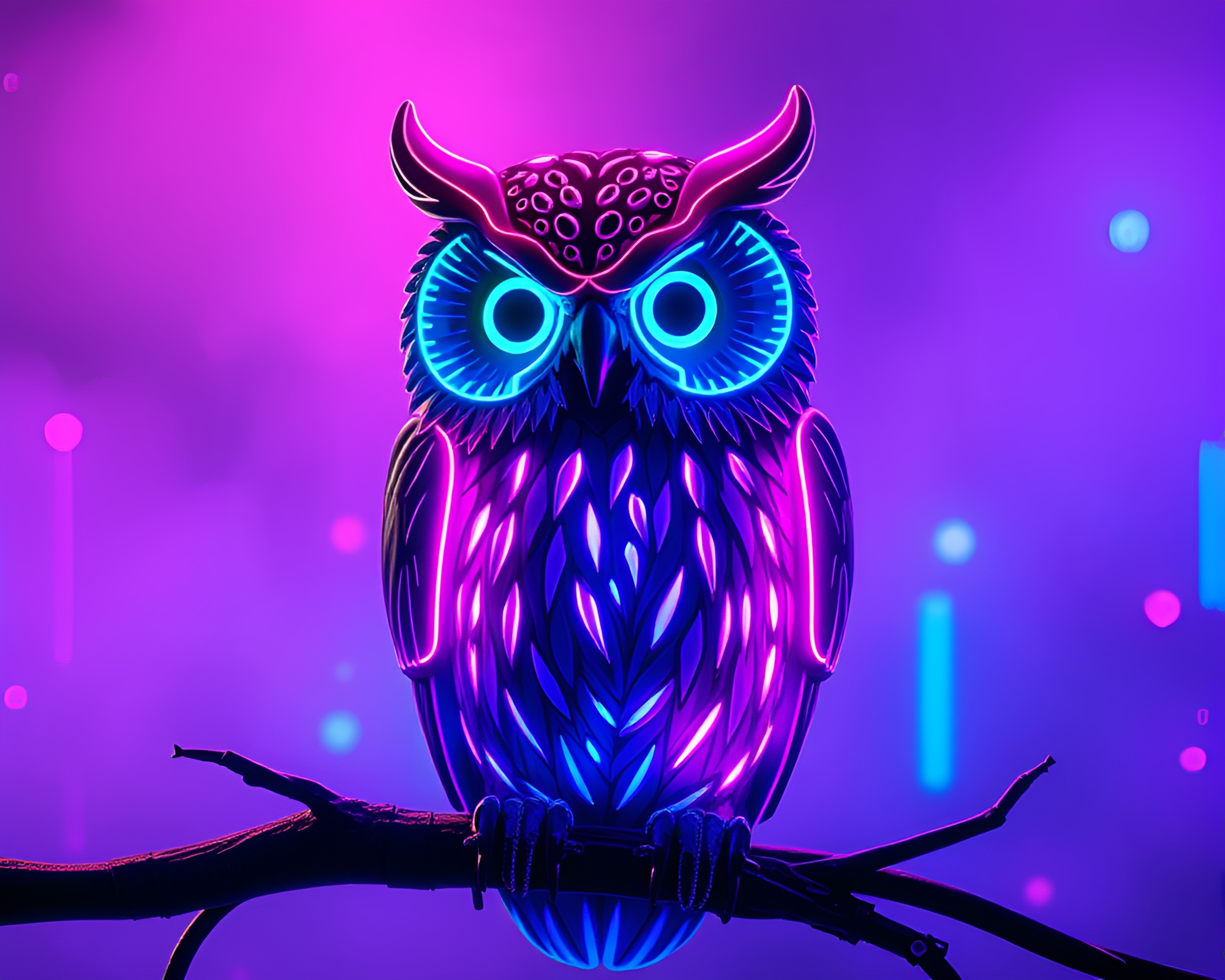 Neon Clockwork Owl in Digital Twilight Utopia – free AI stock image