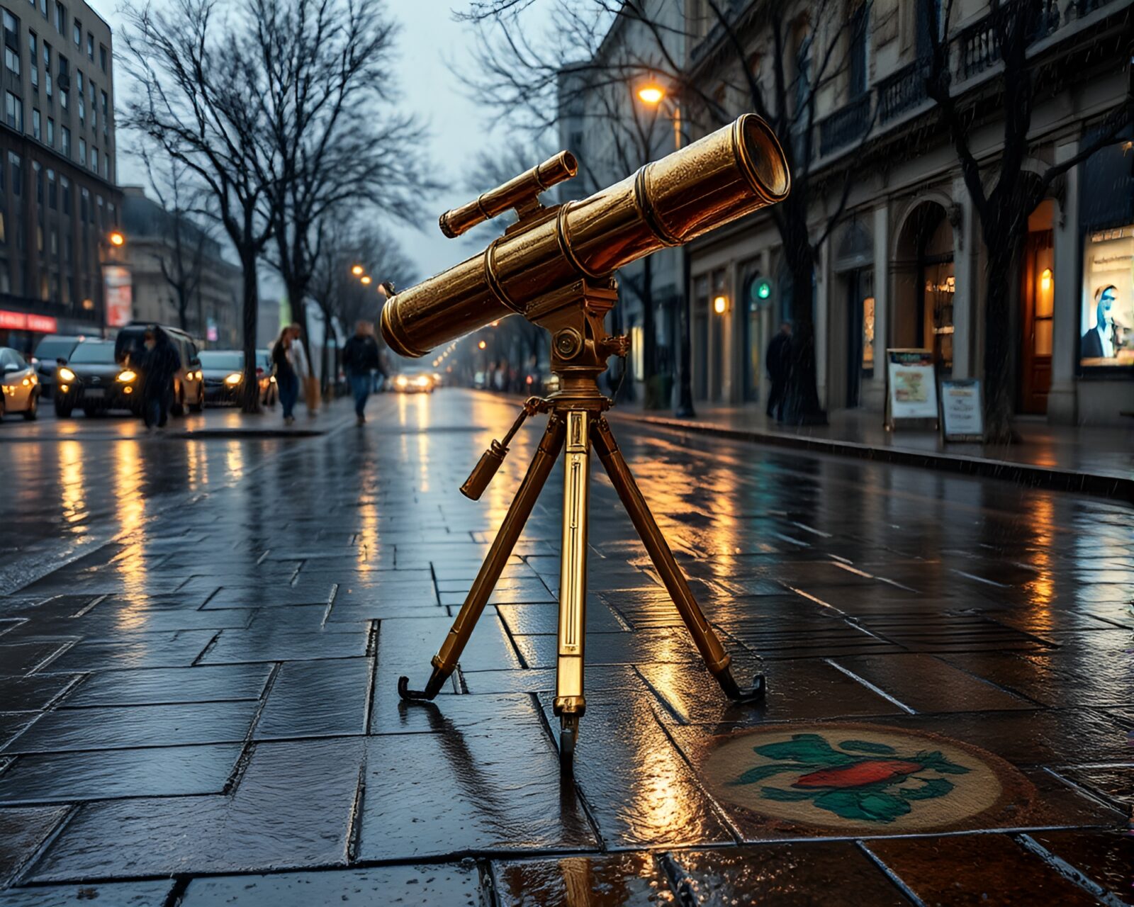 Sgraffito styled artwork of brass telescope on a wet street