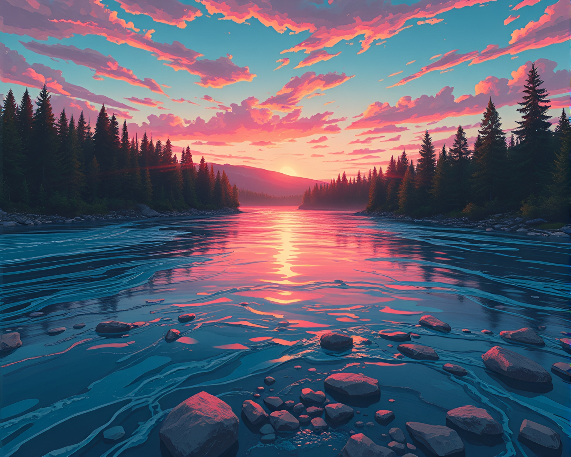 Savage River Anime Style: Surreal Color Shifted Medium Shot – free AI stock image