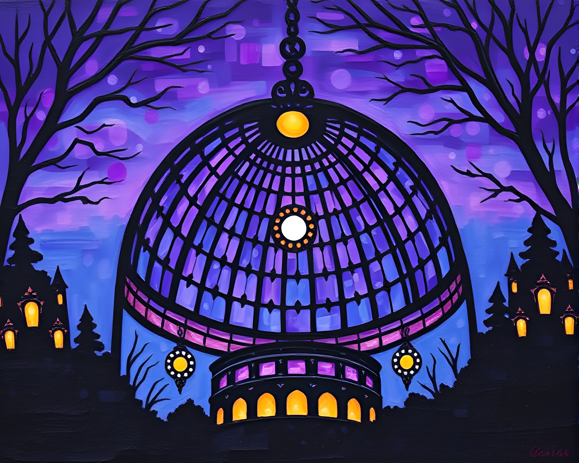 Twilight Stained Glass Dome Palette Knife Painting – free AI stock image