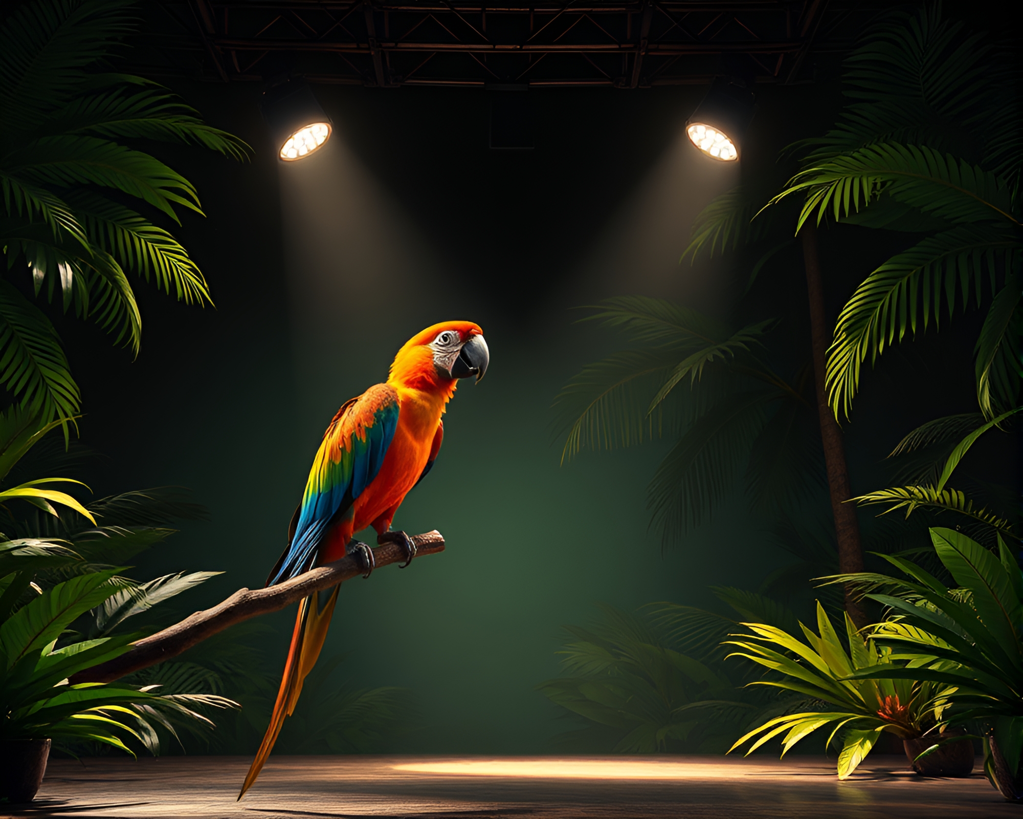 Tropical Parrot in Stage Spotlight Matte Painting – free AI stock image