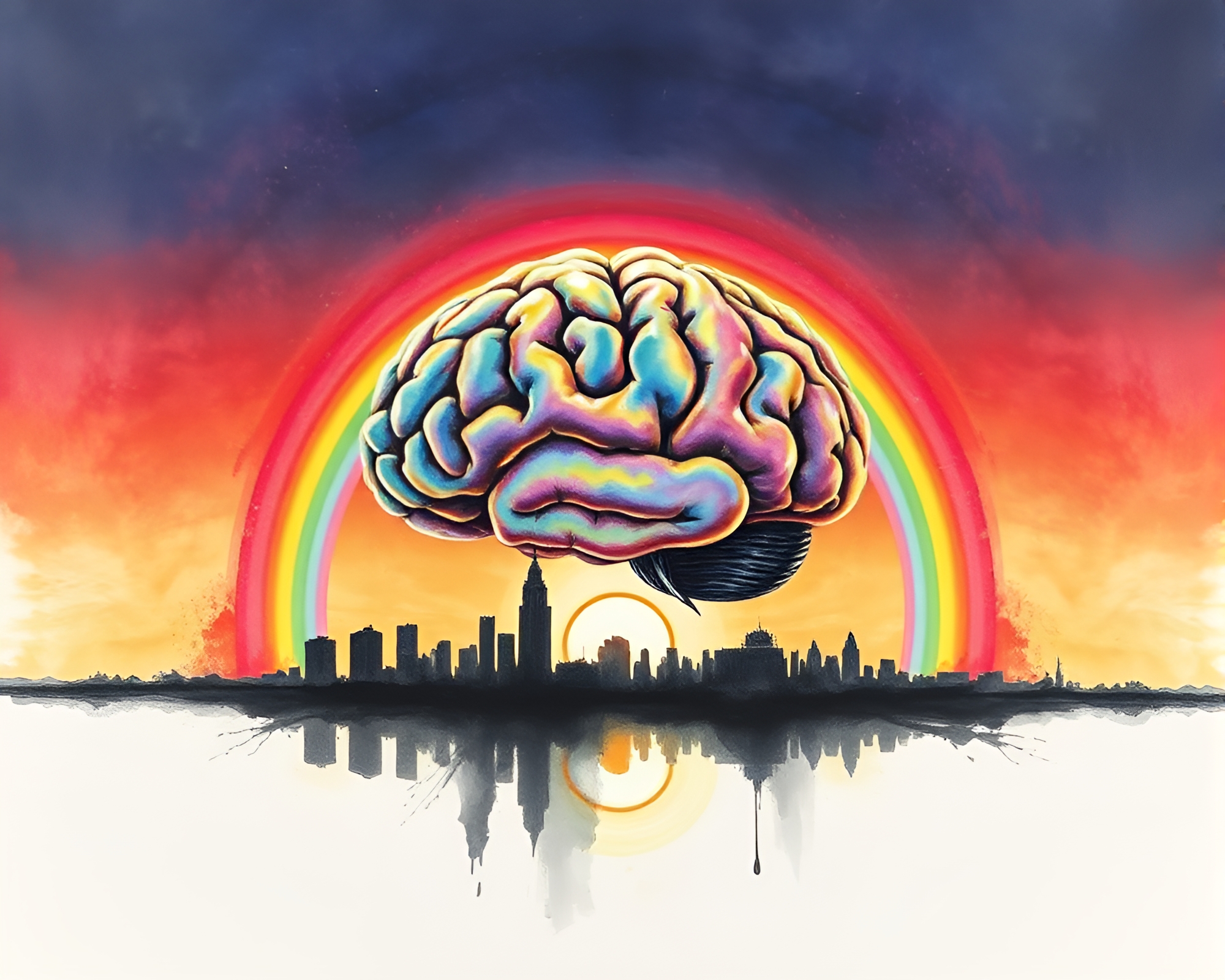 Rainbow Refraction in AI Brain at Sunset Cityscape – free AI stock image