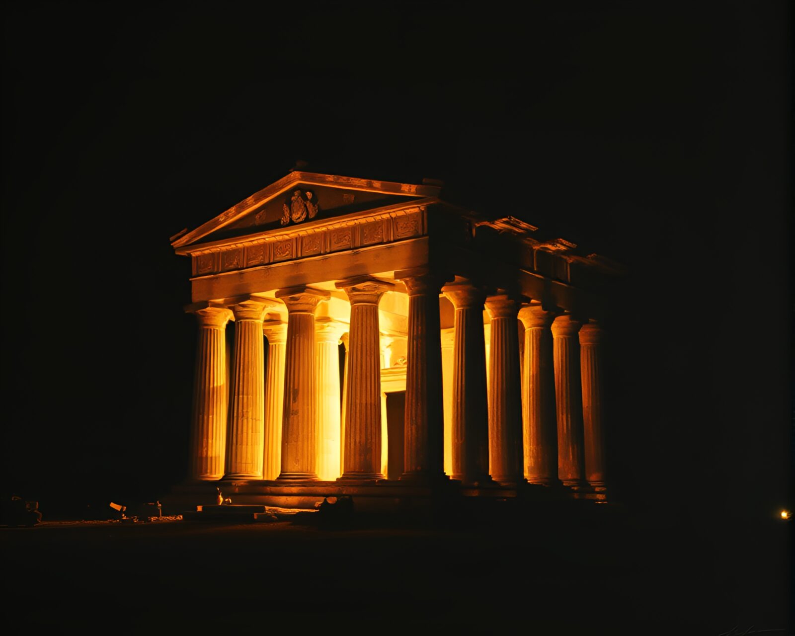 Majestic temple in striking chiaroscuro lighting with double exposure effect