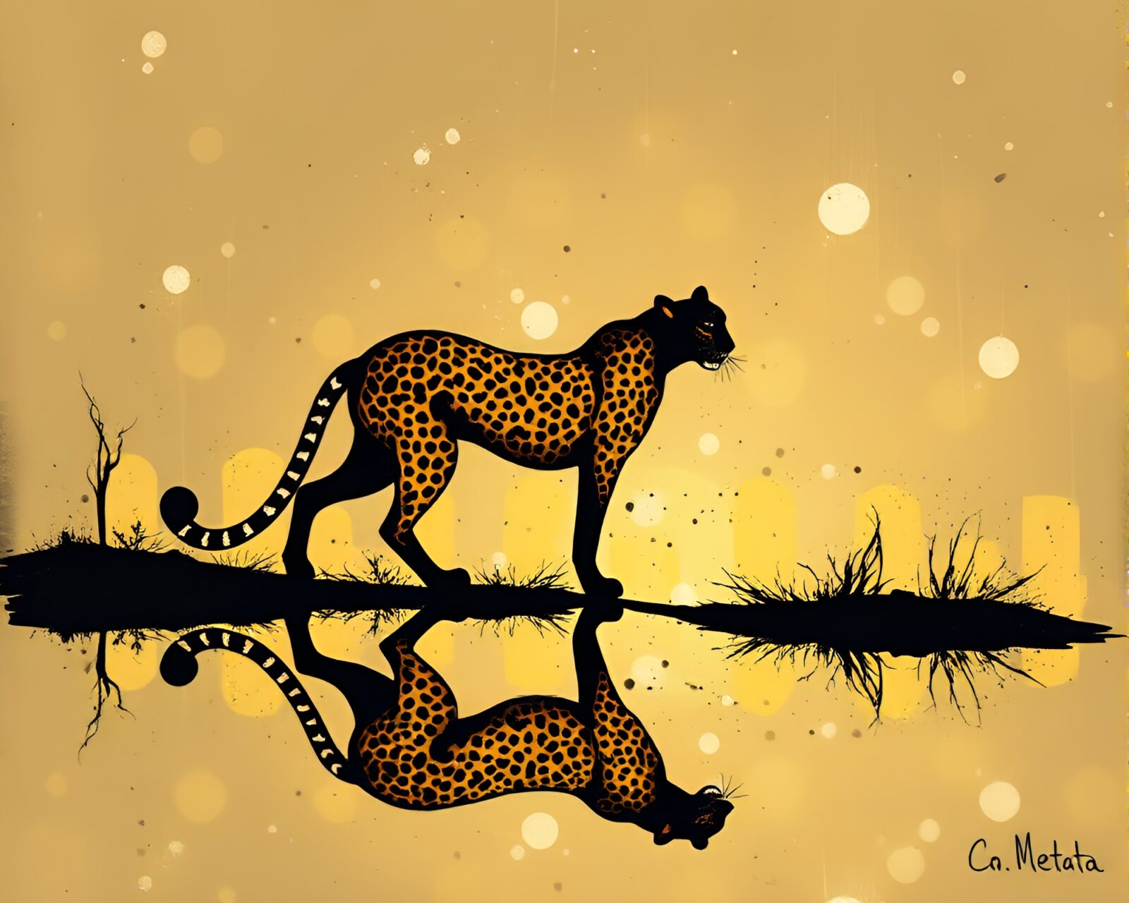 Abstract image of cheetah silhouette amidst colorful paint splatter