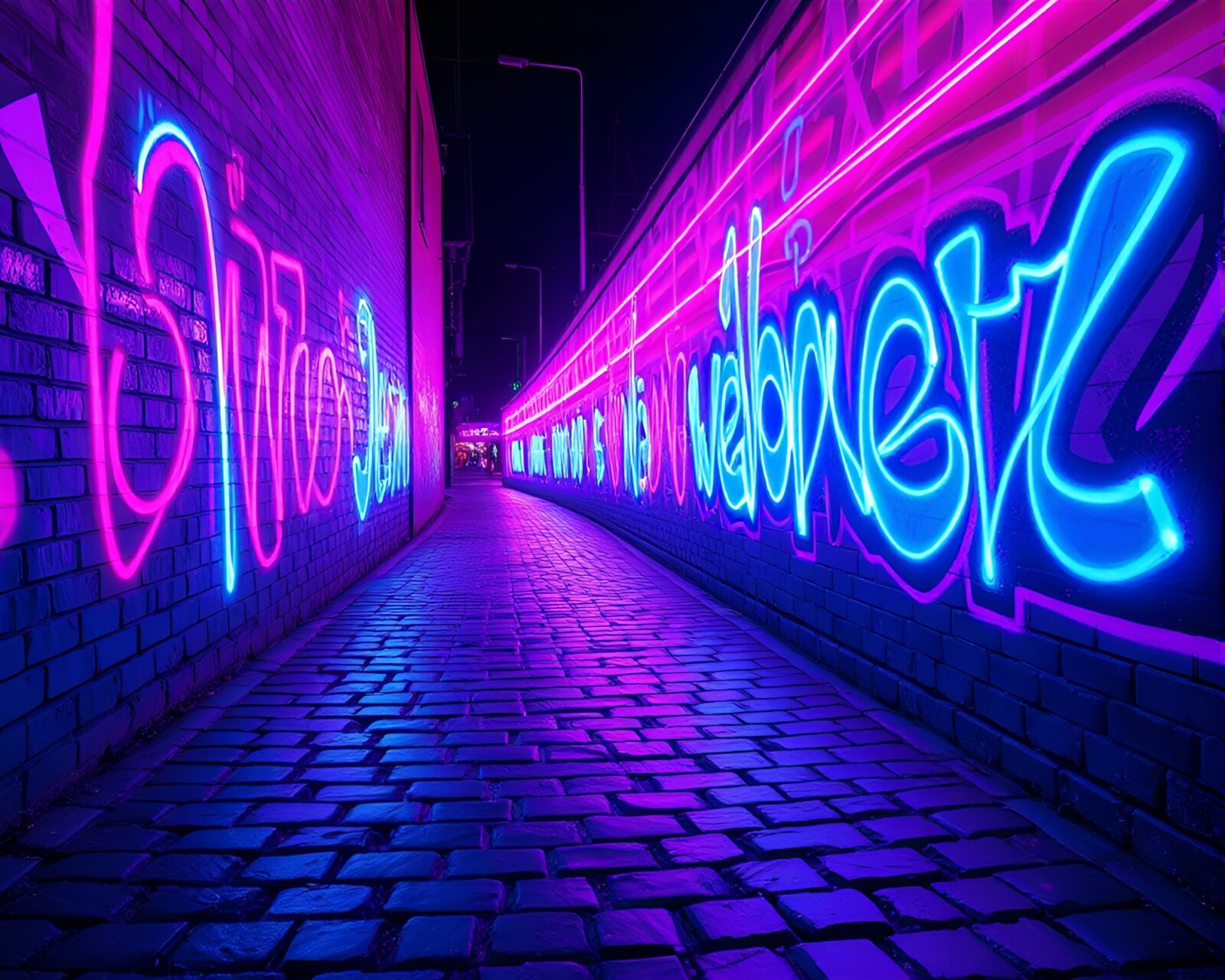 Vibrant neon graffiti on cobblestone path under ultraviolet lights