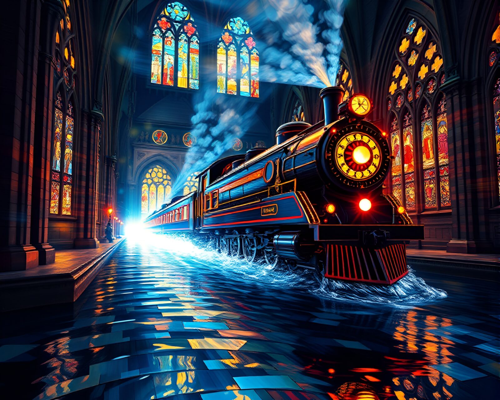 Vector art of train floating through colorful cathedral light
