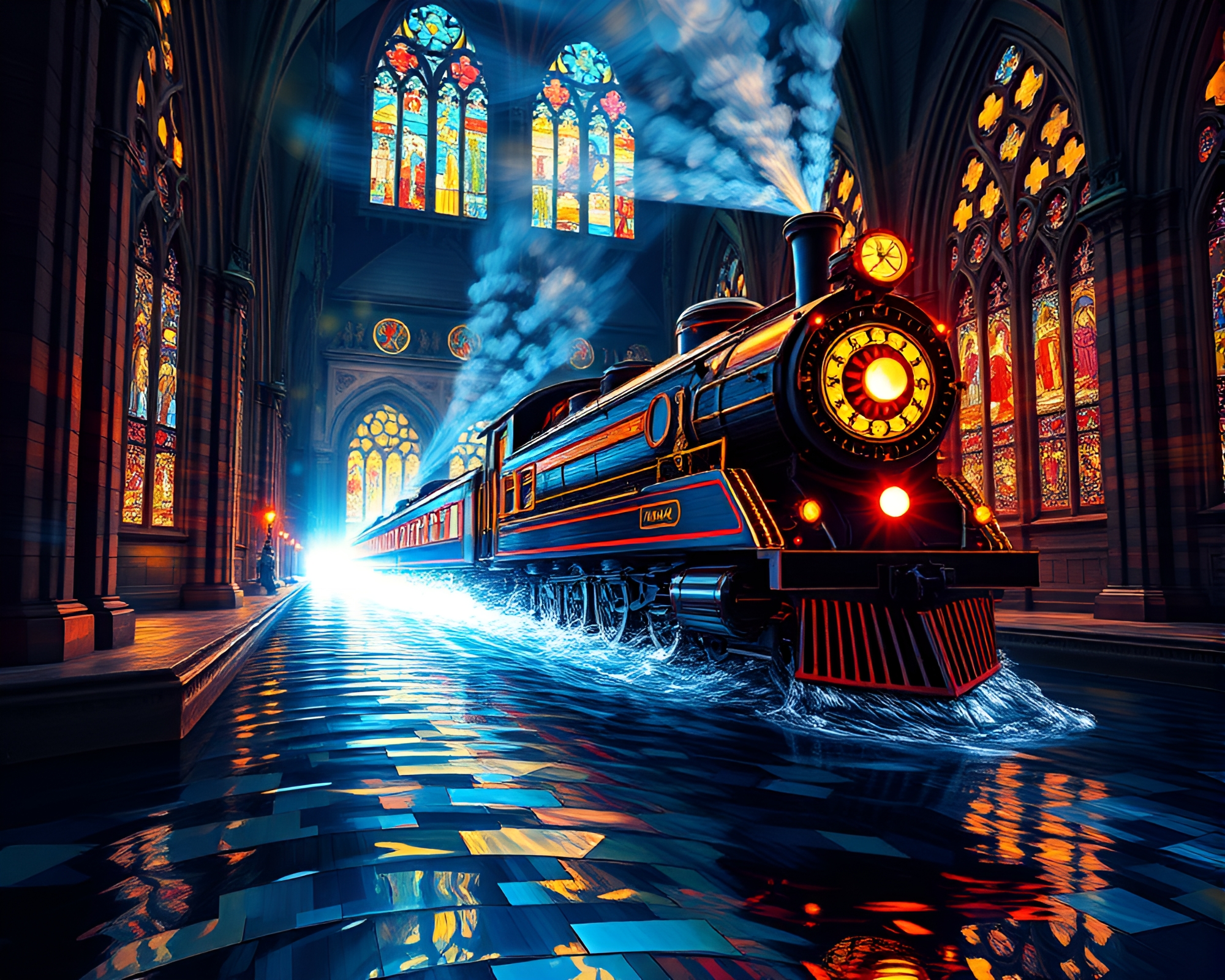 Magnetic Levitation Train in Cathedral Stained Light – free AI stock image