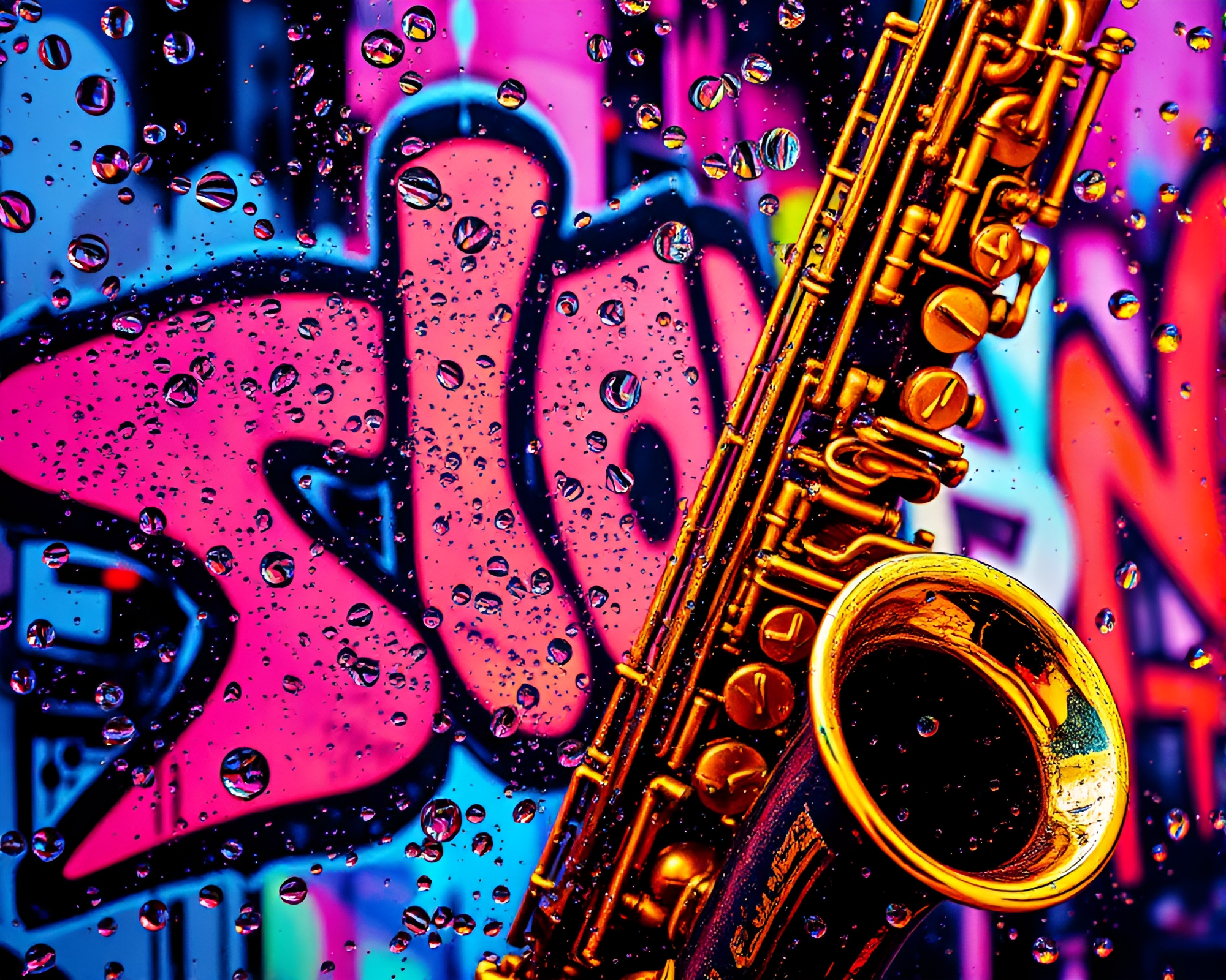 Saxophone Symphony: Holographic Water Droplets Graffiti – free AI stock image