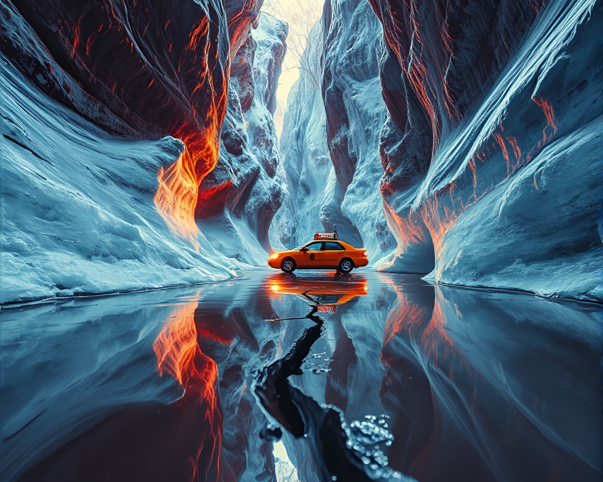 Hover Taxi Over Ice Reflection Crack Canyon – free AI stock image