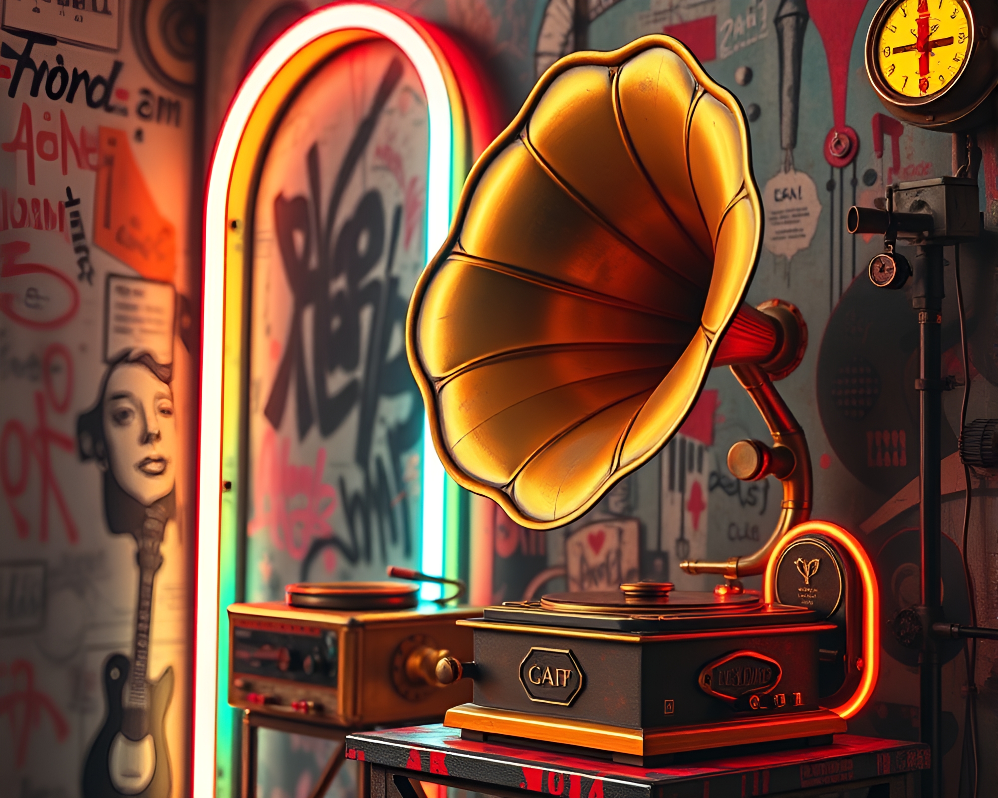 Graffiti Neon Steampunk Gramophone Collage – free AI stock image