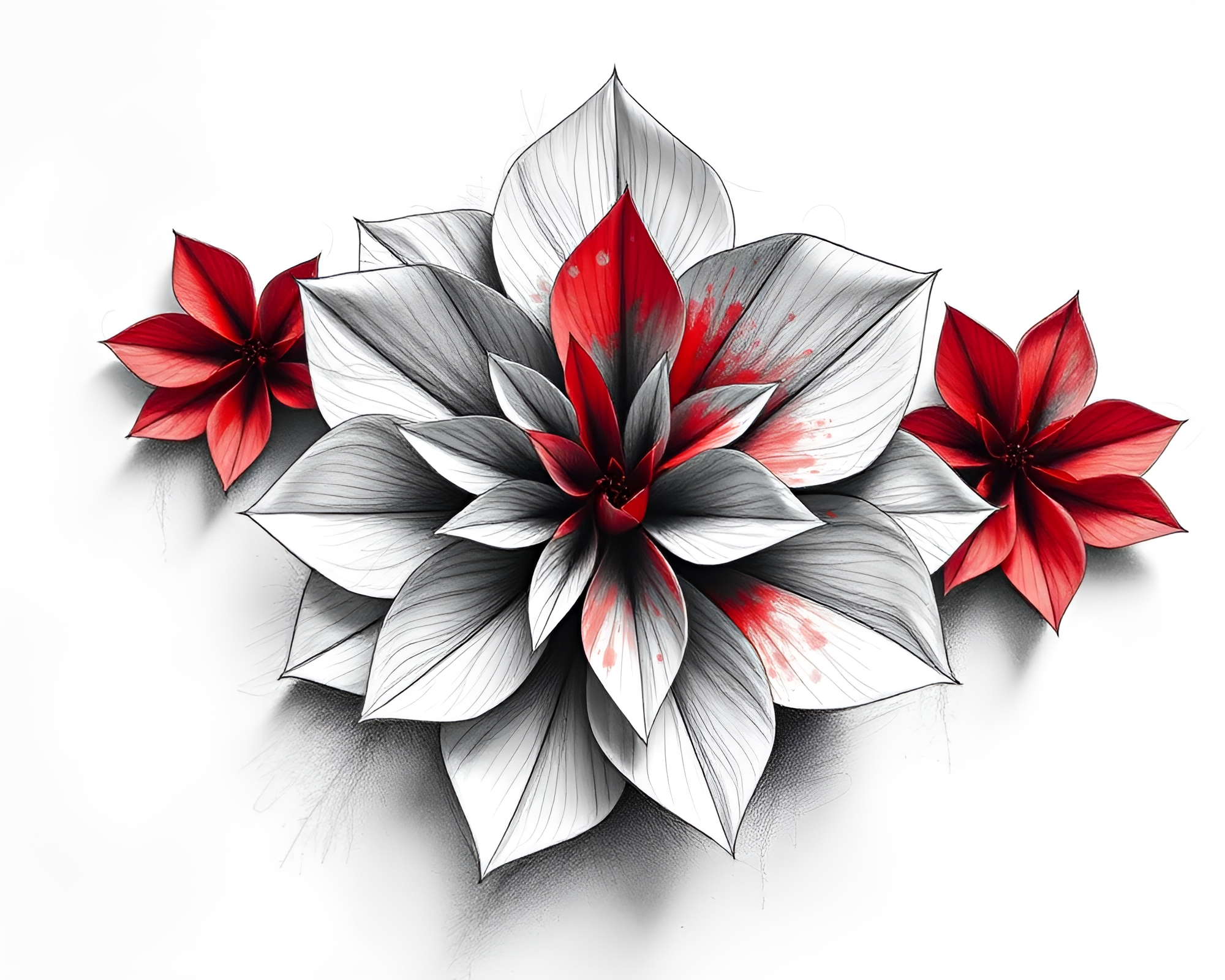 Monochrome Red Origami Flower Charcoal Sketch Composition – free AI stock image