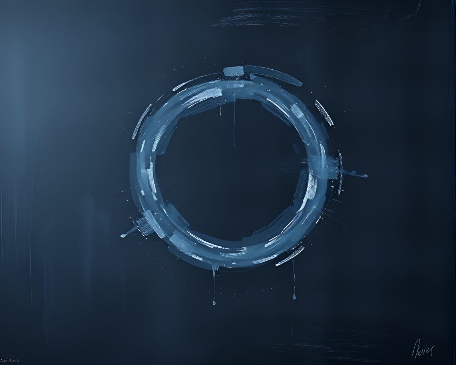 Intricate wormhole design on indigo chalkboard with smudges