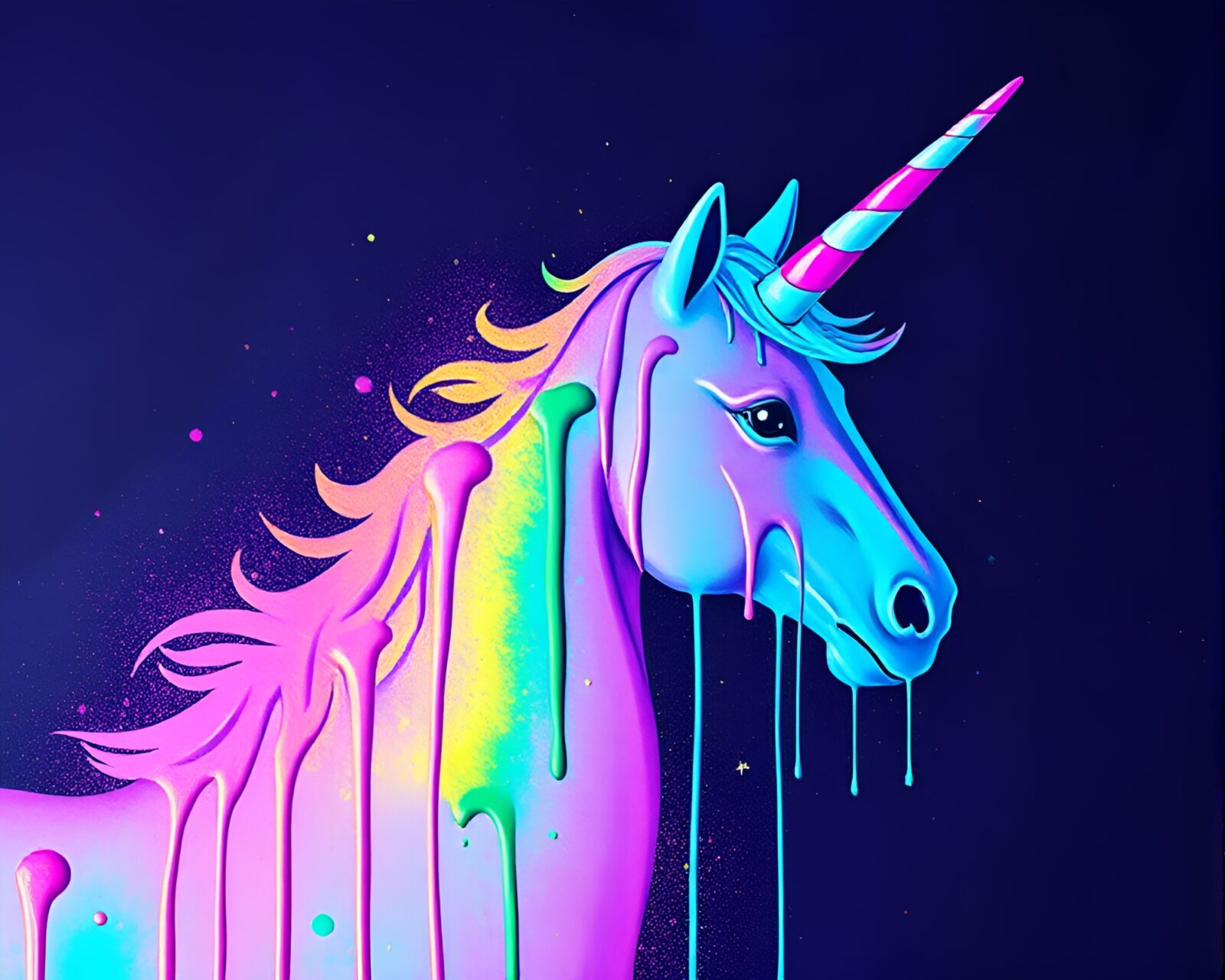 Vibrant retrowave unicorn art with jewel tone colors and drips