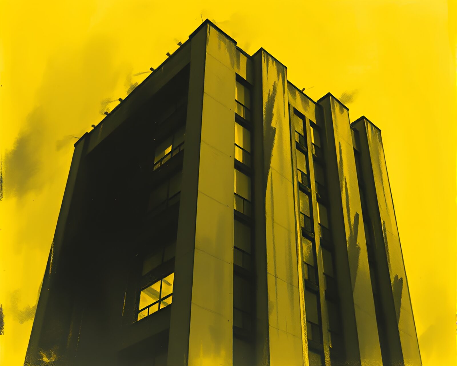 Dark film noir scene of a lemon-colored Brutalist building sketch