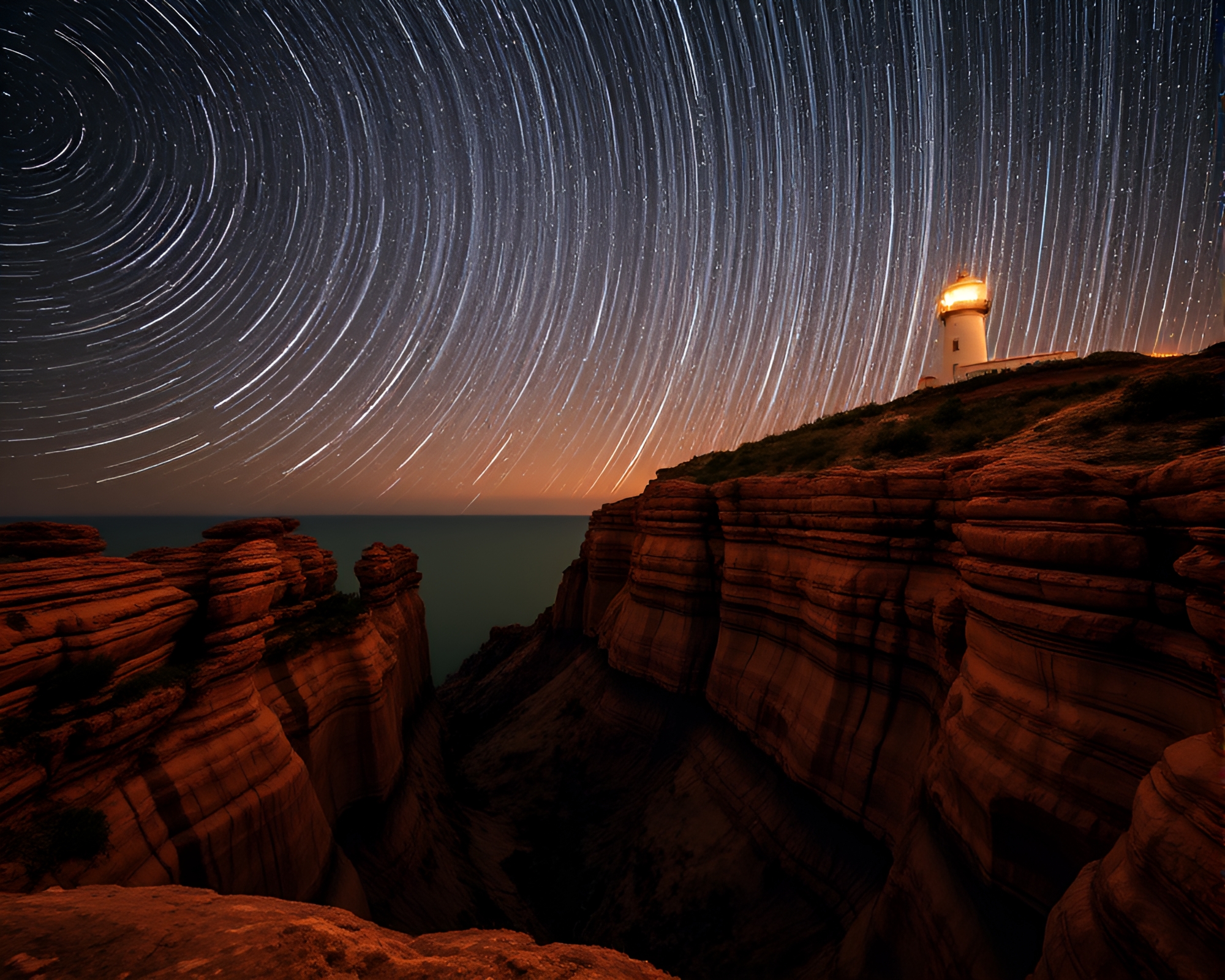 Canyon Lighthouse beneath Duotone Star Trails – free AI stock image