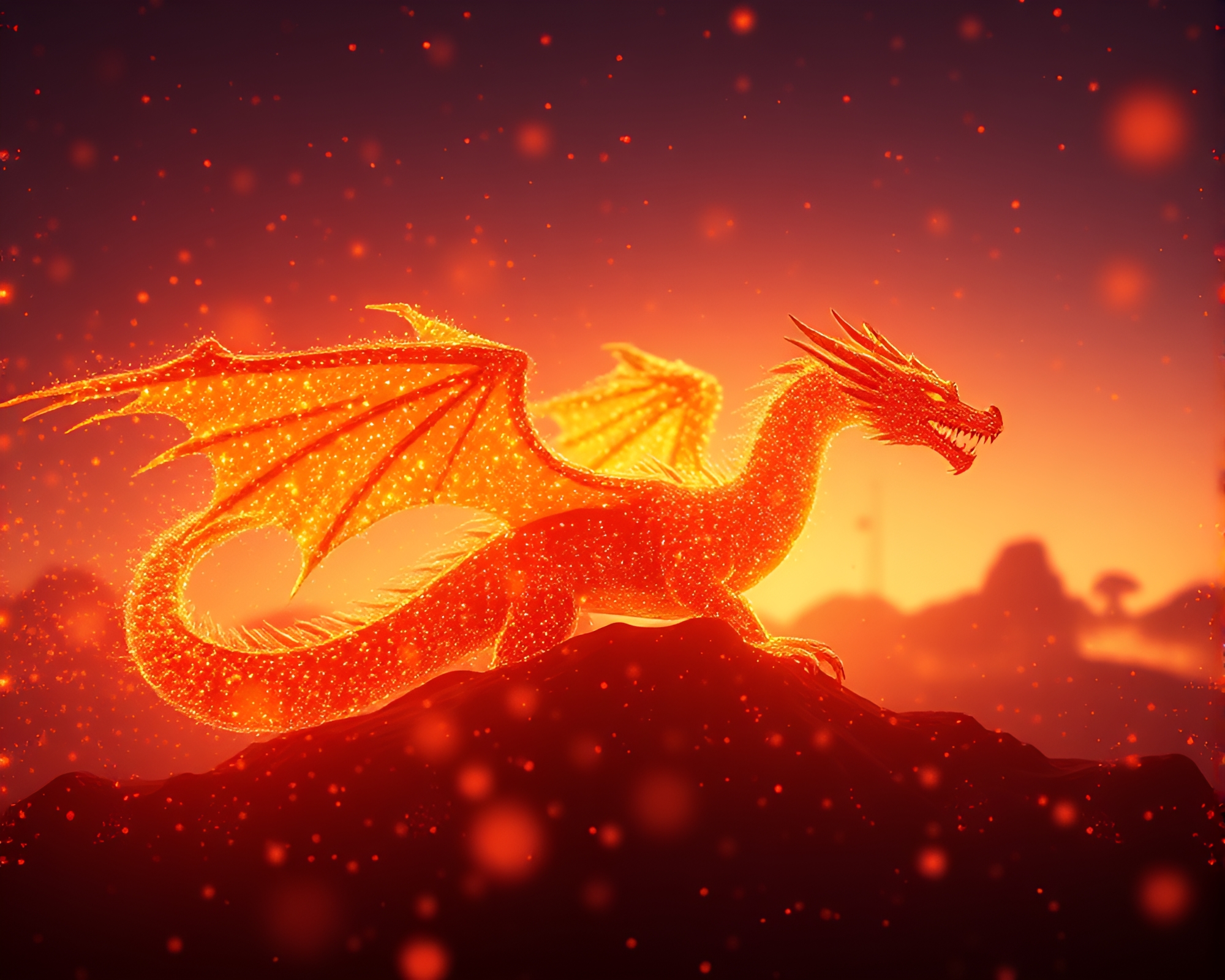 Dragon in Golden Hour Glow Surrounded by Floating Particles – free AI stock image