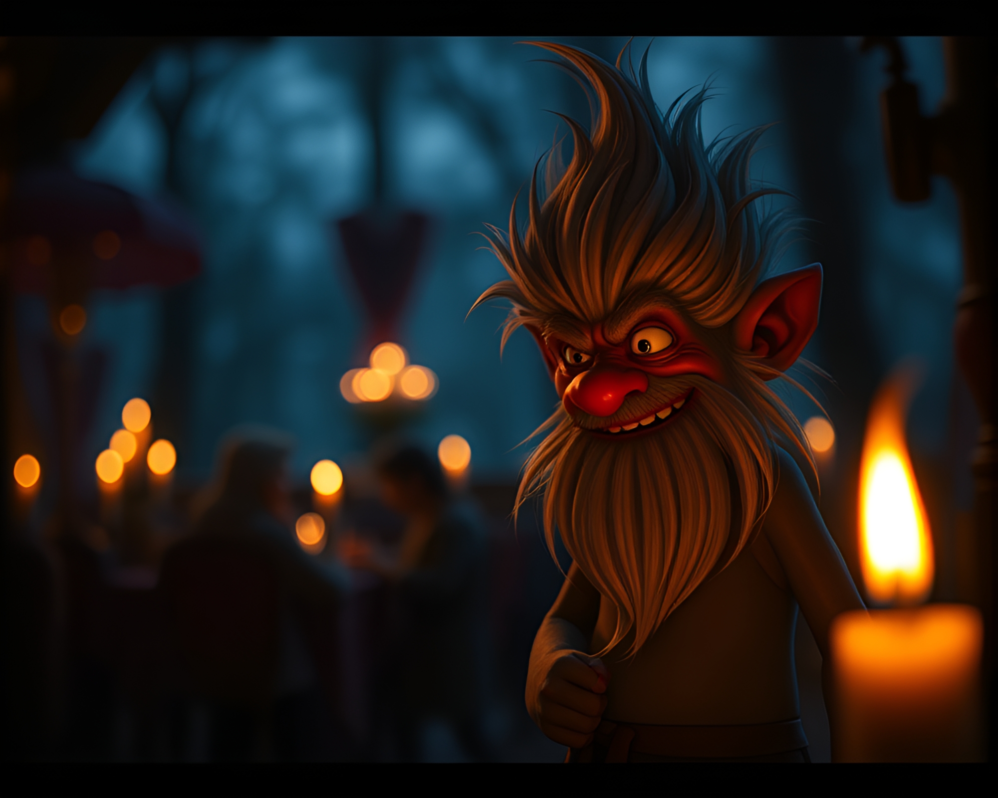 Troll under flickering candlelight in pointillism art – free AI stock image
