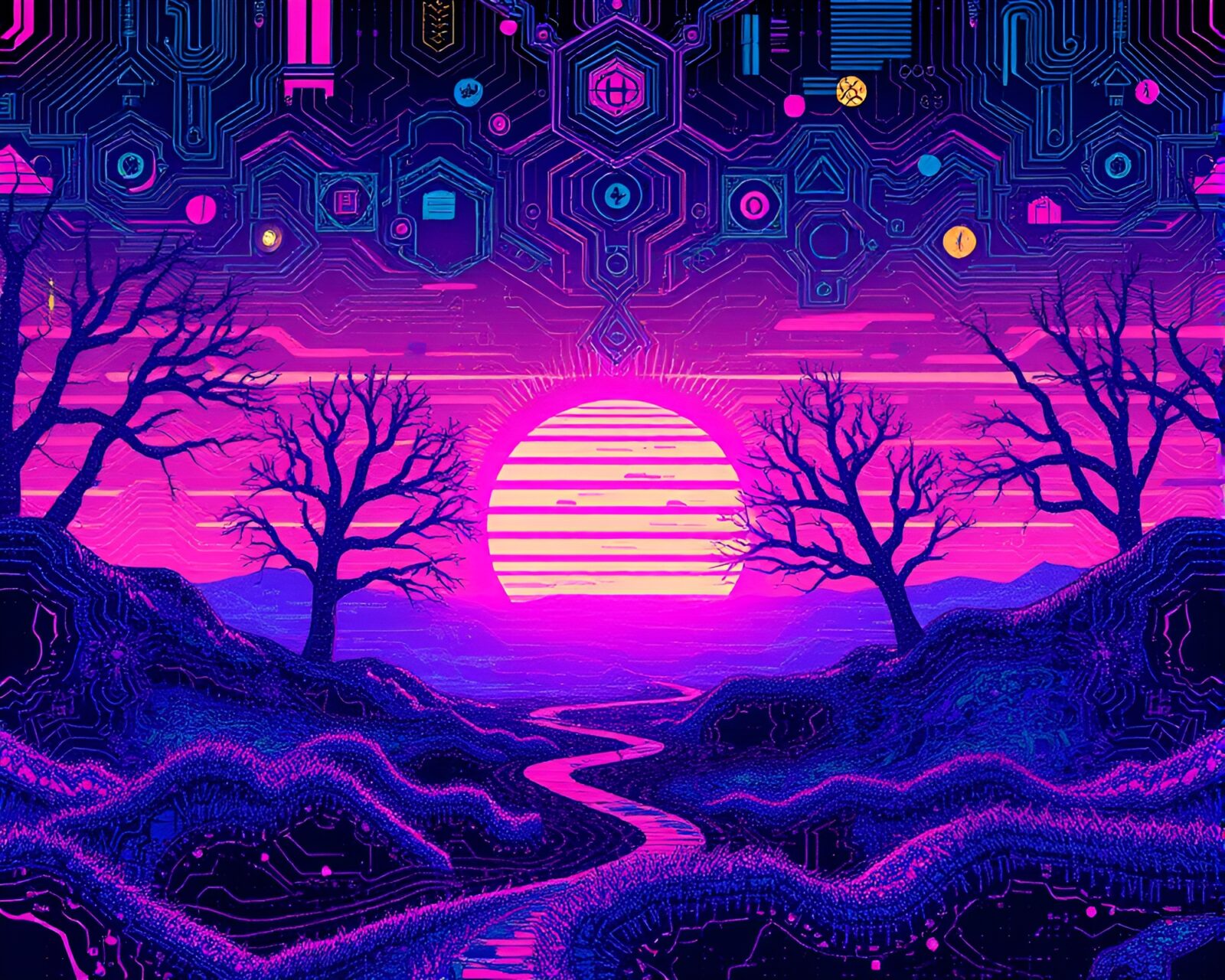 A mesmerizing sunset scene with vibrant glitch colors and intricate organic designs