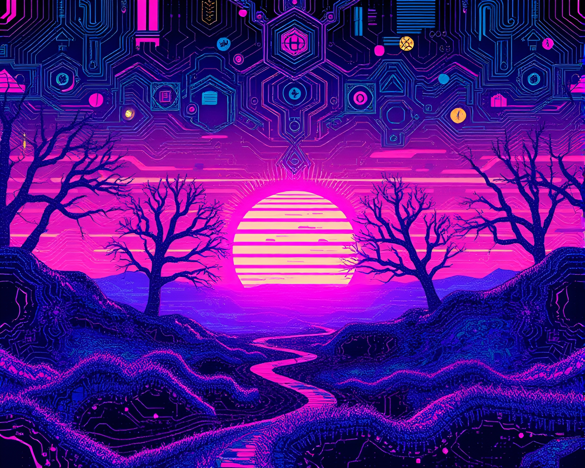 Vaporwave Sunset with Glitch Colors and Bio-Organic Patterns – free AI stock image